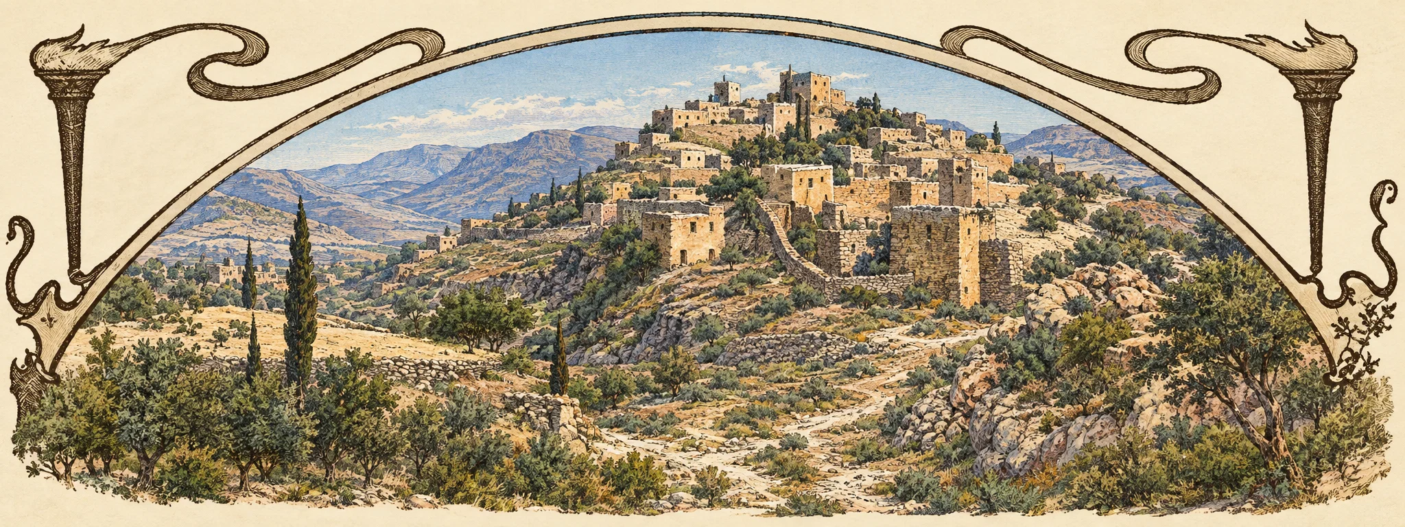 A broad, arched landscape shows a clustered settlement spread across hilly ground, with pale blocklike buildings and several taller, tower-shaped structures among darker trees and shrubs. A winding light-colored track or stream crosses the foreground toward the town, while rough vegetation fills the lower edge. The scene is enclosed by a decorative curved border that rises over the landscape and ends in symmetrical torch-like forms at both sides. No clearly discernible people, animals, or lettering appear.