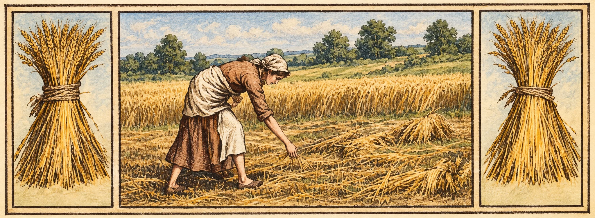 A woman bends forward in a harvested field, reaching down to gather grain or glean among the stubble. She wears a long skirt, apron, and head covering, with a bundle or basket carried behind her. Rows of cut stalks and scattered sheaves stretch across the field, while a small animal, possibly a dog, stands near the lower right. Low trees and distant figures or vegetation line the horizon beneath an open sky. Narrow framed panels on either side show upright bundles of harvested grain tied around the middle; there is no visible lettering.