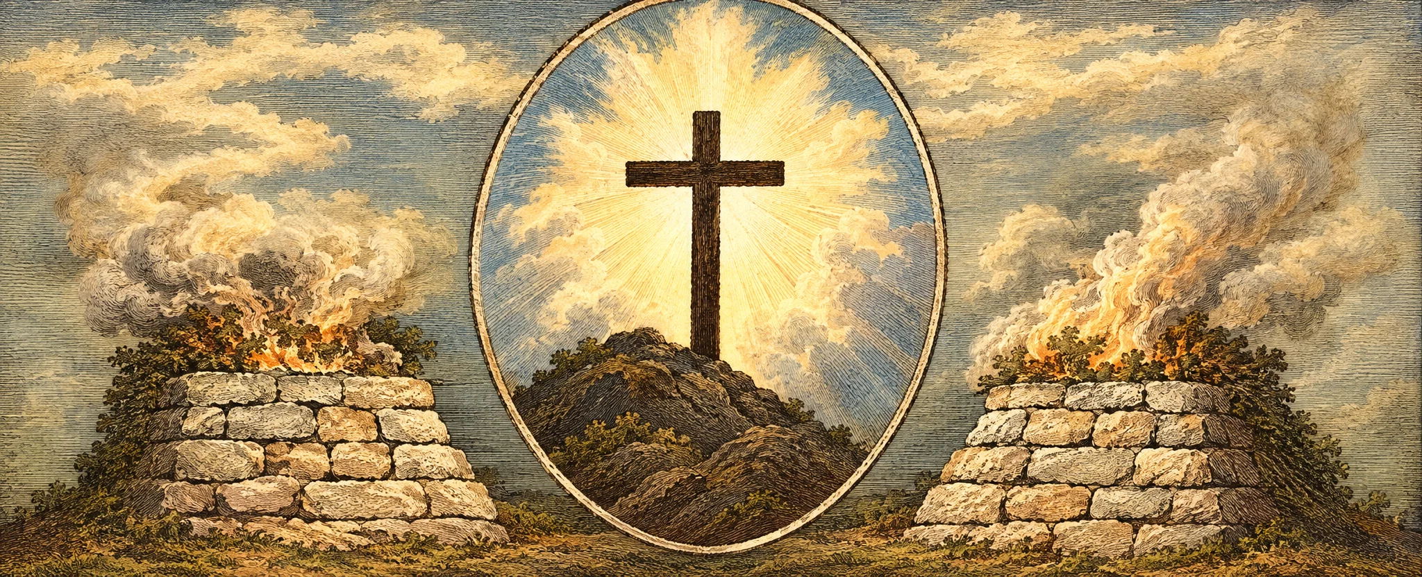 A monochrome religious scene shows two low stone altars set on either side of a central oval medallion. The altar at left and the one at right are piled with irregular blocks and appear to hold offerings, with pale smoke or clouds rising above them. Within the oval, a dark cross stands on a rounded hill against a bright, radiating sky, suggesting a spiritual or symbolic focus for the scene. The background is cloudy and indistinct, and no people, animals, or lettering are visible.