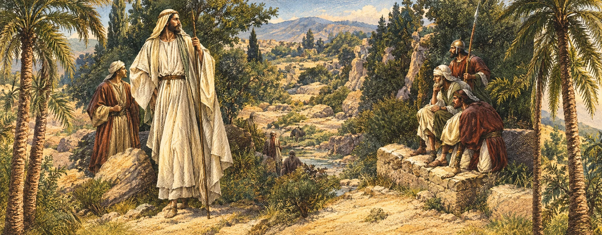 A dramatic nighttime scene shows David and his men at Ziklag, surrounded by a rugged landscape and palm trees. At left, a tall, robed figure stands with one arm extended, facing a seated or crouching group near a low stone structure at right. A small animal, possibly a sheep, is visible on the ground between them. Dark hills and shadowy forms fill the background, while the figures are arranged across an open, uneven foreground.