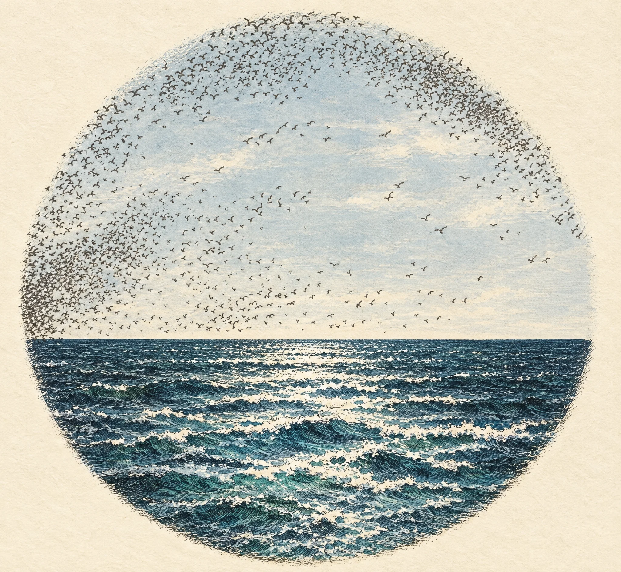 A circular monochrome illustration shows a broad expanse of water beneath an open, lightly stippled sky. A straight, dark horizon divides the scene just below the center. The water fills the lower half, marked by layered horizontal strokes suggesting ripples or small waves, while scattered flecks across the sky may indicate distant birds or texture. The view contains no clearly discernible people, boats, buildings, or lettering.