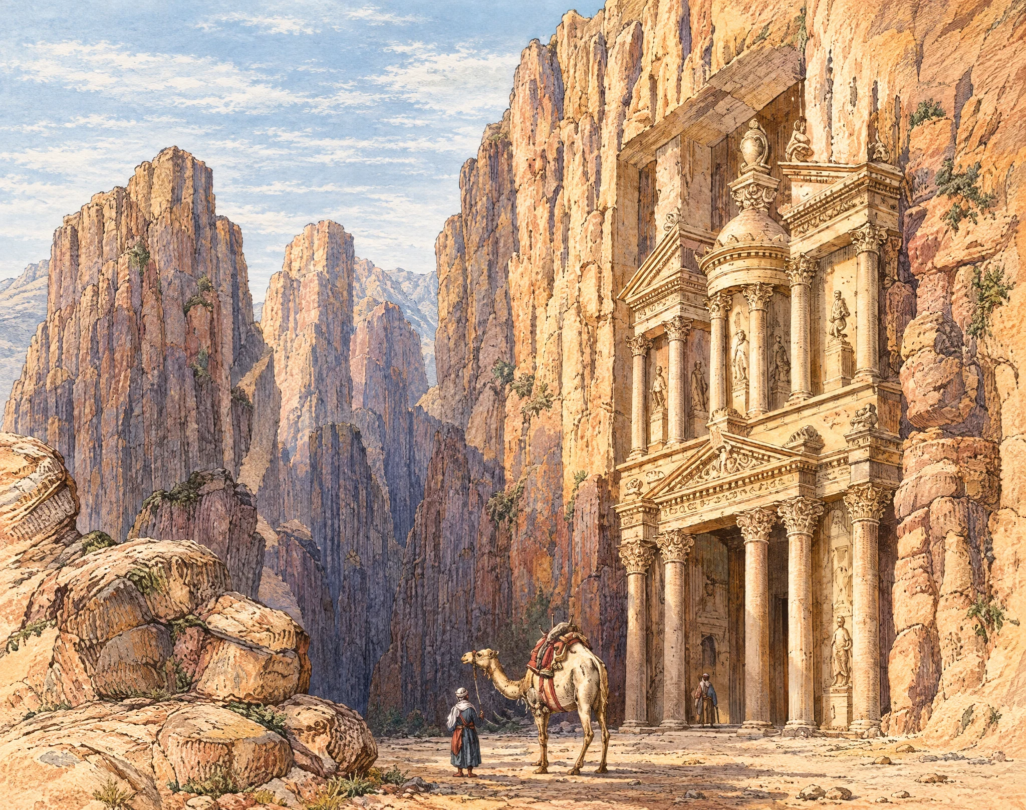 A small traveler and a camel stand on a rocky path before a monumental, classical façade carved into a sheer cliff. The camel faces left, its head lowered, while the robed figure beside it holds a staff or lead. The ornate rock-cut building rises along the right side, with columns, pediments, recessed doorways, and sculpted figures; tiny people near its entrance emphasize its scale. Jagged cliffs and narrow rock walls fill the background and left side, framing the approach to the ancient-looking structure. No readable lettering is visible.
