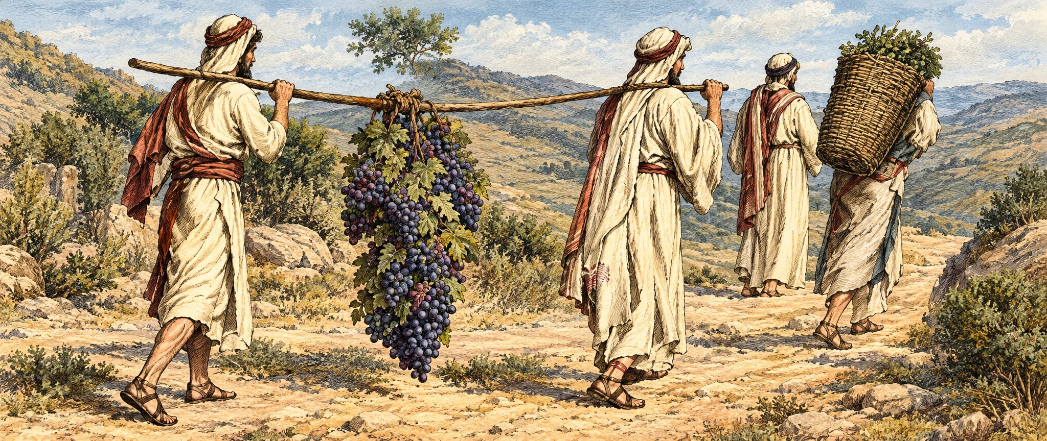 Several robed men make their way across a rugged, sparsely vegetated landscape, carrying samples from the land. In the foreground, two men support a long pole across their shoulders, from which an enormous cluster of grapes hangs nearly to the ground. Farther to the right, another figure carries a large rounded basket or bundle on his back, while a smaller figure walks nearby. Low shrubs and uneven ground fill the background, and the group’s movement is directed toward the right. No lettering is visible within the scene.