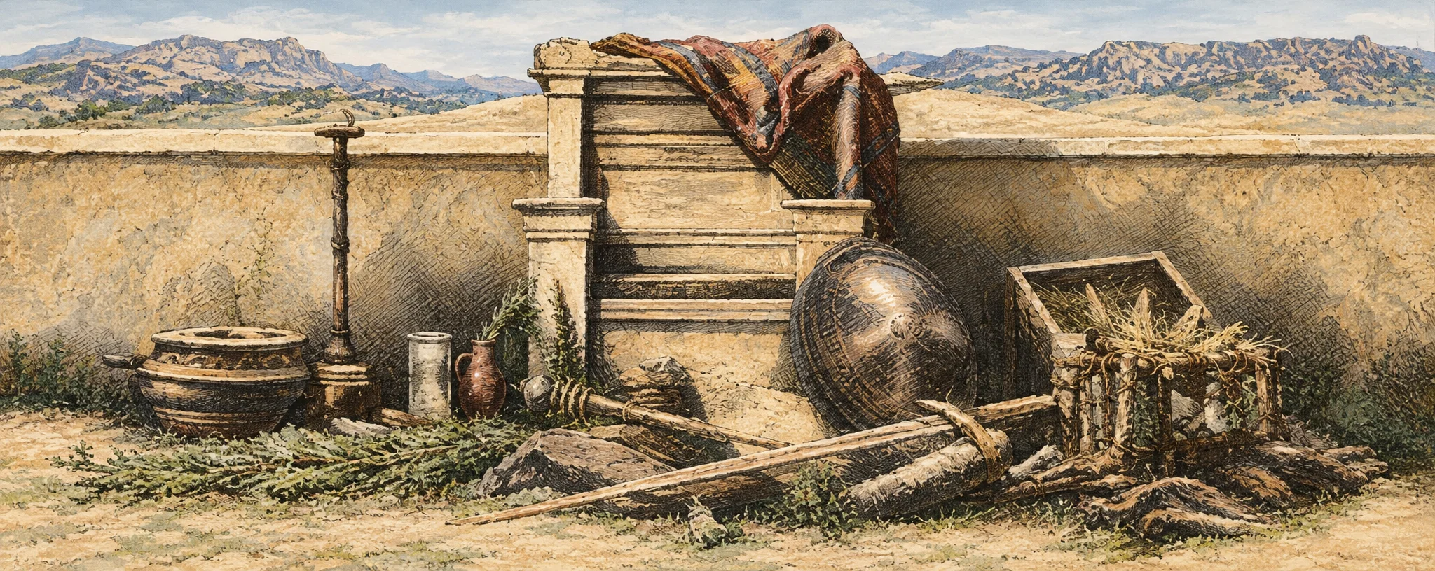 A monochrome engraved scene shows a cluttered outdoor area backed by a low wall and distant, uneven hills. A tall stack of wooden chests or slatted baggage fills the center, with a draped figure leaning over its top and another person partly visible beside it. Bundles, containers, and loose belongings are scattered around the pile; shallow vessels sit at the left, while a box-like object and more bundles occupy the right. Long sticks or tools lie diagonally across the rough foreground, giving the scene the appearance of a group searching among stored baggage.