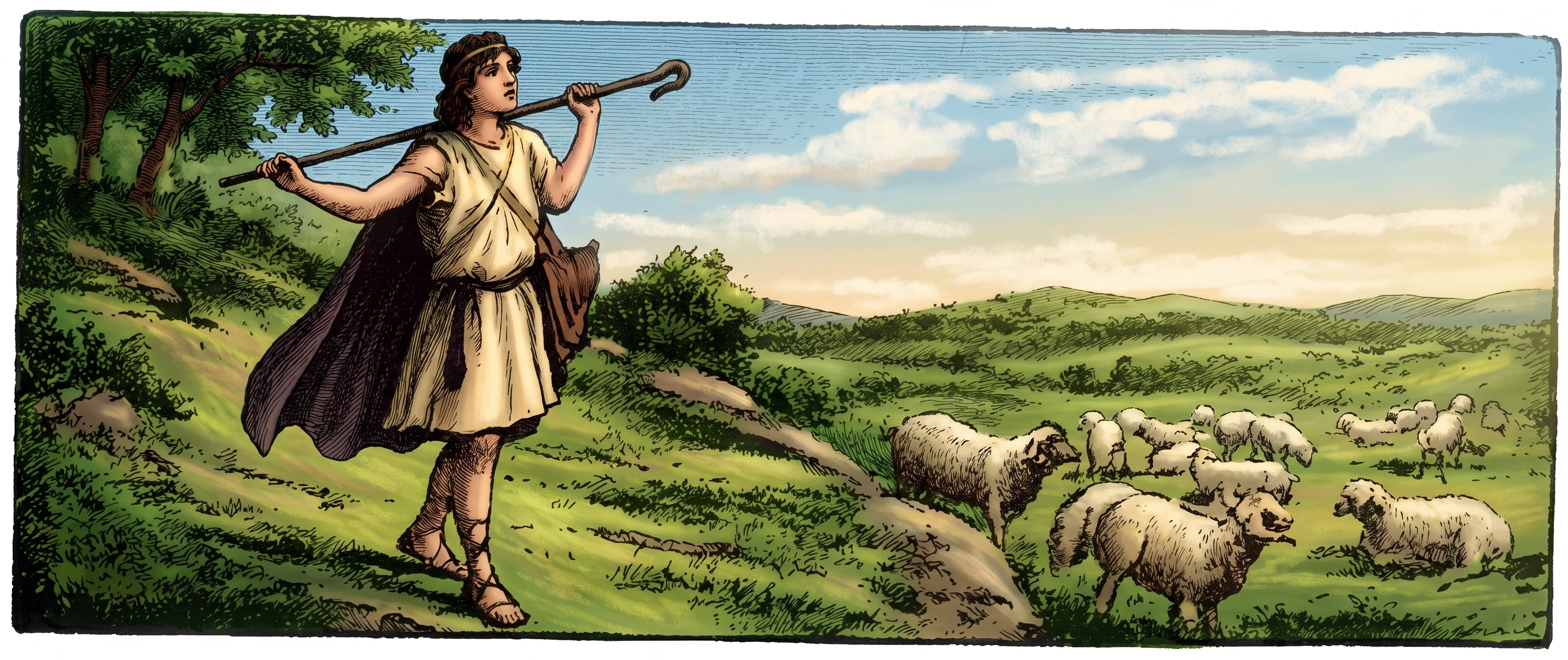 A young shepherd, identified by the surrounding account as David, stands on a sloping hillside at the left, turned toward his flock. He wears a simple knee-length tunic and cloak, with a staff held across or behind his shoulders; one arm reaches outward toward the sheep. Several sheep cluster and graze across the lower right, with more faintly visible farther back. The open pastoral landscape stretches toward low hills and scattered shrubs beneath a broad, cloudy sky. No lettering is visible within the scene.