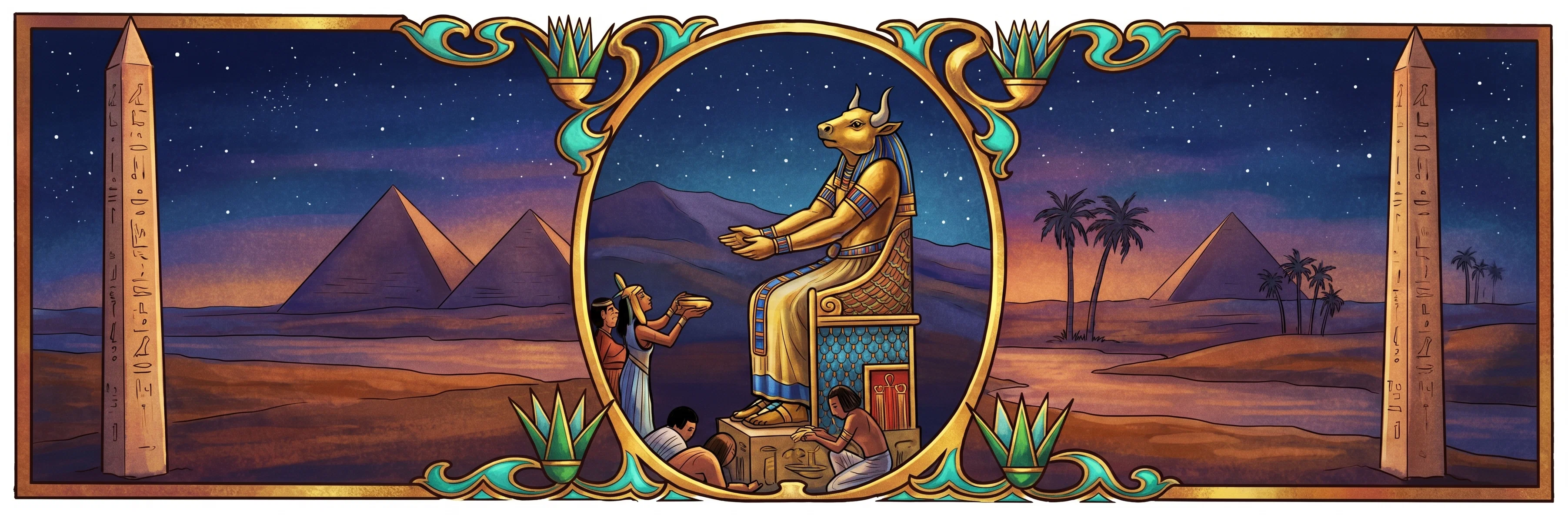 A decorative horizontal scene centers on a bearded man seated on a raised stone seat or platform, wearing a long robe and looking down toward a small animal near his feet. The central figure is enclosed in an ornate oval frame with curling floral and leaf-like flourishes above and below. Behind him, the landscape shows a cloudy sky, distant hills, and a palm tree, with a broad pale band crossing the scene. Tall, narrow stone pillars stand at the far left and right. No lettering is visible.