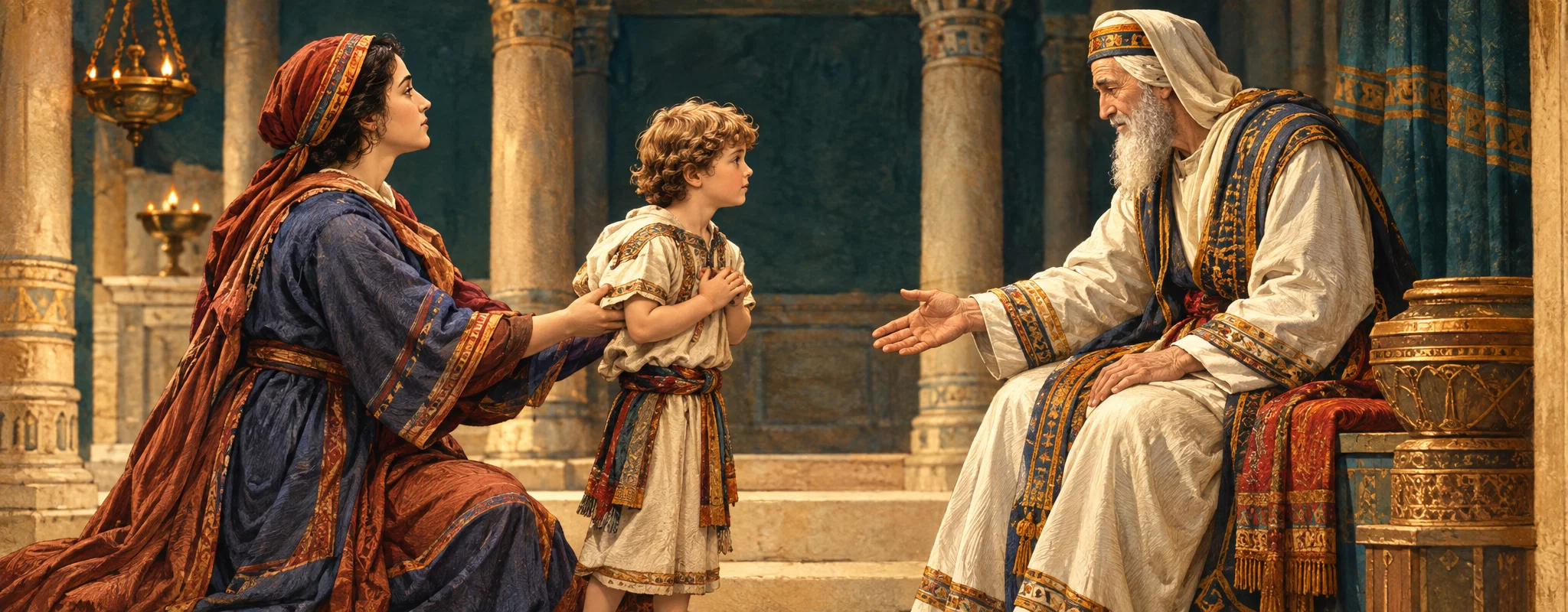 A dark, interior scene shows a seated woman at left holding a small child, while another woman sits opposite at right and gestures toward them with an outstretched hand. The first woman looks upward, her face tilted toward the ceiling, and the child leans close against her. The women wear long, draped garments and sit facing one another across the narrow space. Tall architectural columns and a shadowed wall fill the background, with a small framed or recessed image visible at the far left. The composition centers on the exchange between the two women and the child.