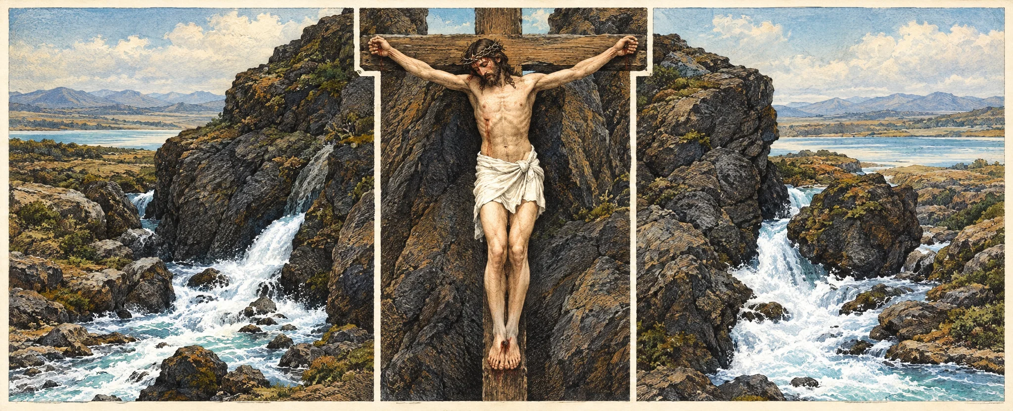 A three-part religious scene shows a bearded man representing Christ standing upright in the center, nearly unclothed except for a cloth around his waist, with his arms stretched wide and his feet together. Dark, towering rocks rise behind him. In the flanking panels, water gushes from rocky clefts and spreads in bright streams across a barren, uneven landscape, with scattered stones and low ridges. The composition links the central figure with the life-giving water flowing from the surrounding rock; no lettering is visible within the image.