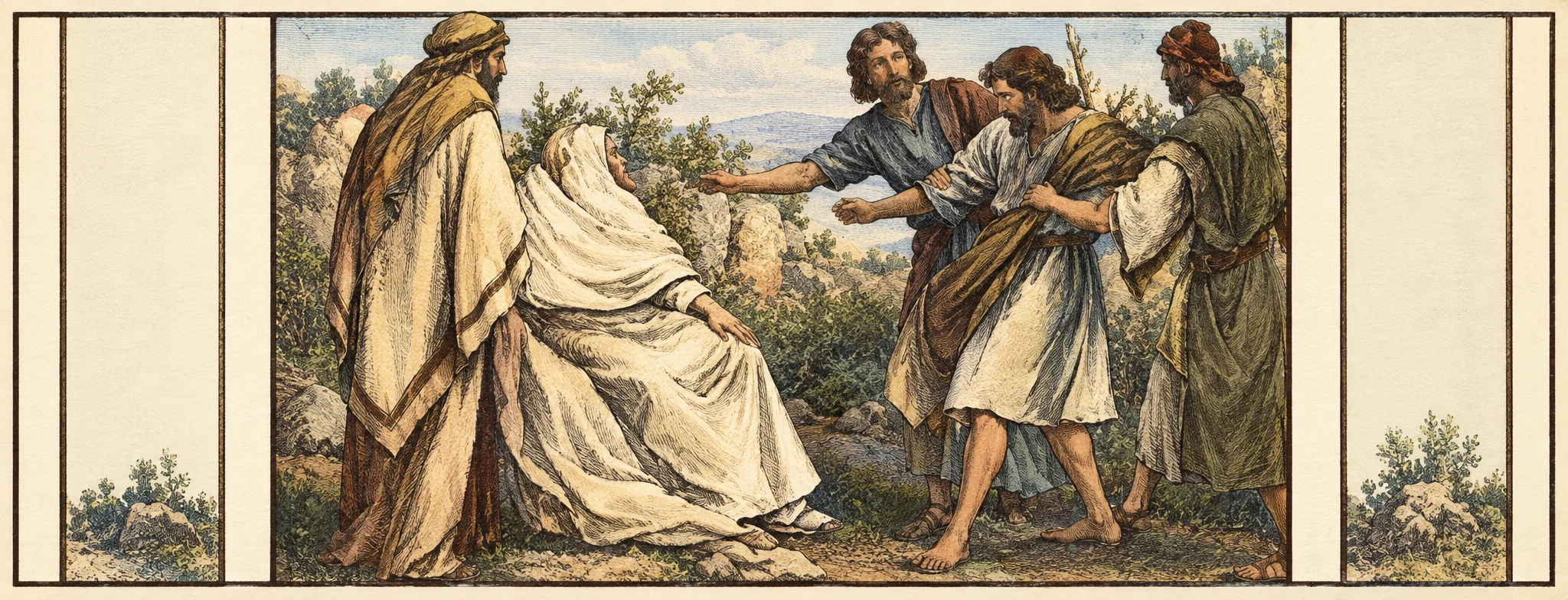 A group of robed figures gathers in a barren wilderness. In the foreground, a woman sits or kneels with her back partly toward the viewer, her long garment spread across the ground as she reaches toward the others. Several people stand close together at the right, including a central figure extending an arm toward her and another figure behind. Their gestures suggest an exchange or act of assistance, though no specific object is clearly visible. The background is indistinct and rocky, with sparse, scrubby vegetation near the edges; no lettering appears within the scene.