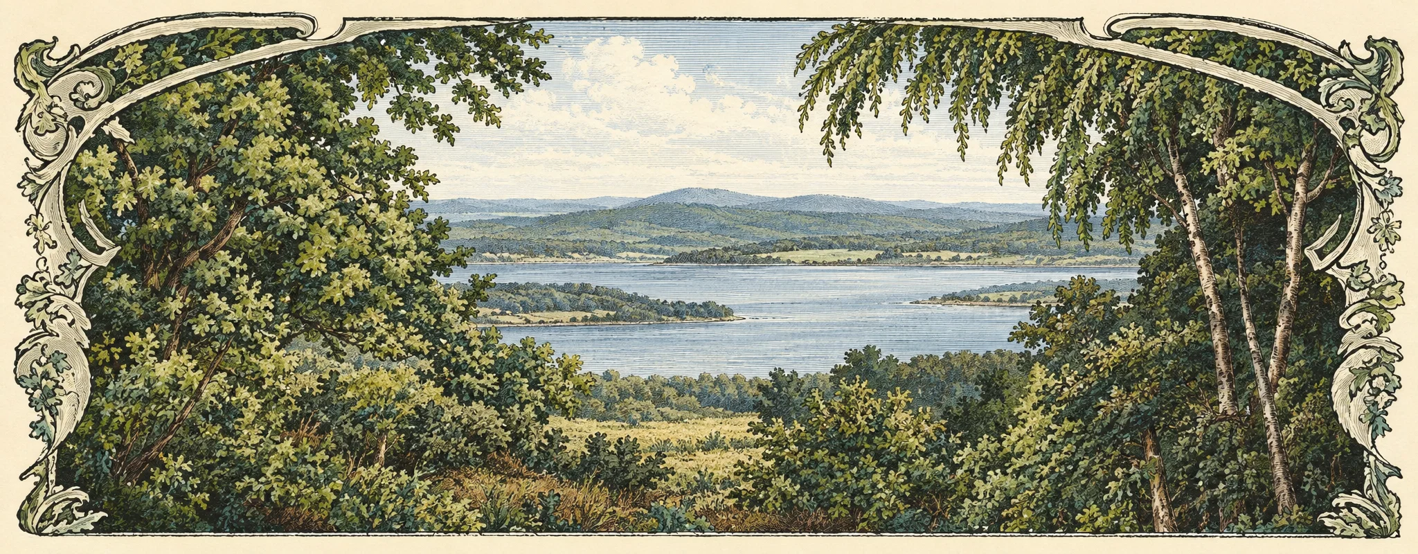 A wide, softly shaded landscape is framed by dense foliage and curling ornamental forms. Bushes and leafy trees fill the foreground on both sides, with drooping branches and a dark tree trunk prominent at the right. Beyond the vegetation, broad horizontal bands suggest open water or a distant plain beneath a cloudy, pale sky. The central horizon is open and quiet, with no clearly visible people, animals, buildings, or lettering.