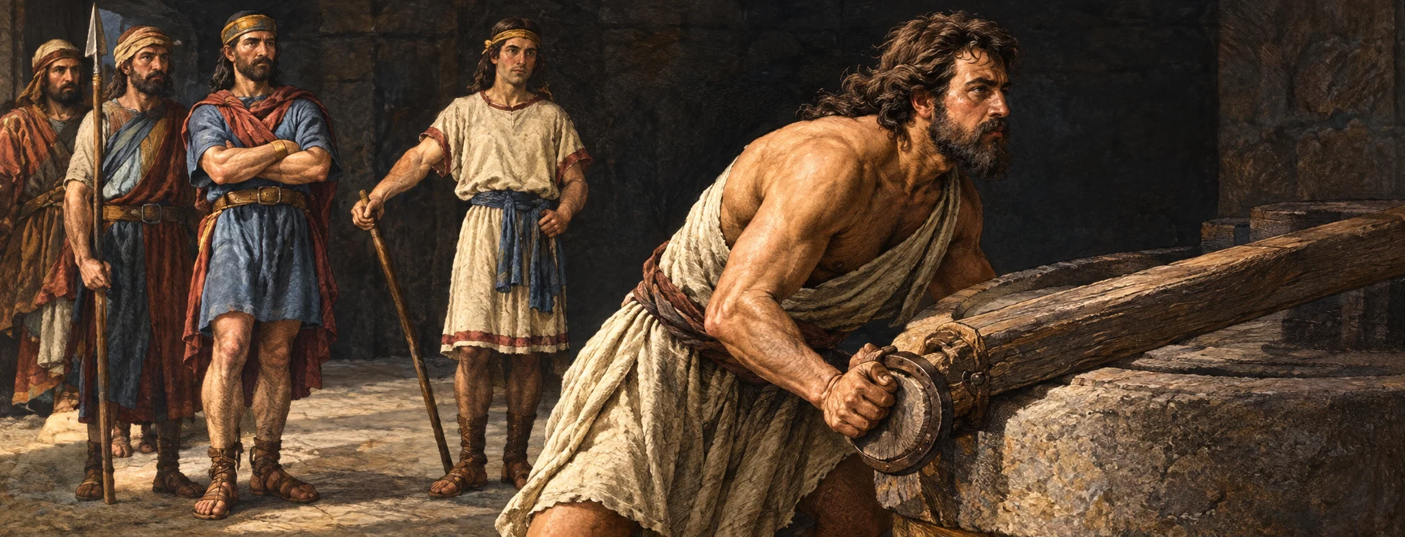 A dramatic biblical scene shows a muscular, bare-chested man in the foreground bending over a large horizontal object, gripping a rounded handle or end piece with both hands. His body leans toward the right, where a long, heavy beam-like form extends across the image. Several onlookers stand in the background at left, including a central figure with folded arms and another holding a staff; a partially visible figure appears at the far edge. The dim, crowded setting and the man’s strained posture suggest a moment of physical labor or action, with the observers watching.