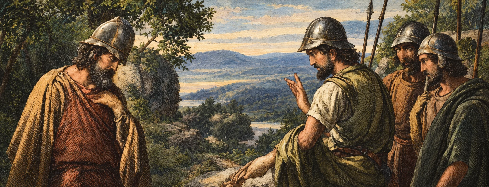 A helmeted man in a cloak sits or crouches at the left, facing a group of armed men gathered on the right. The central figure, also helmeted and wearing a tunic, leans toward him with one arm extended in a gesture of greeting or conversation. Several companions stand close behind, their helmets, shoulders, and upright spears visible against a hazy outdoor landscape. The figures fill the foreground, with a low, indistinct horizon and cloudy sky beyond them. No lettering or other text appears within the scene.