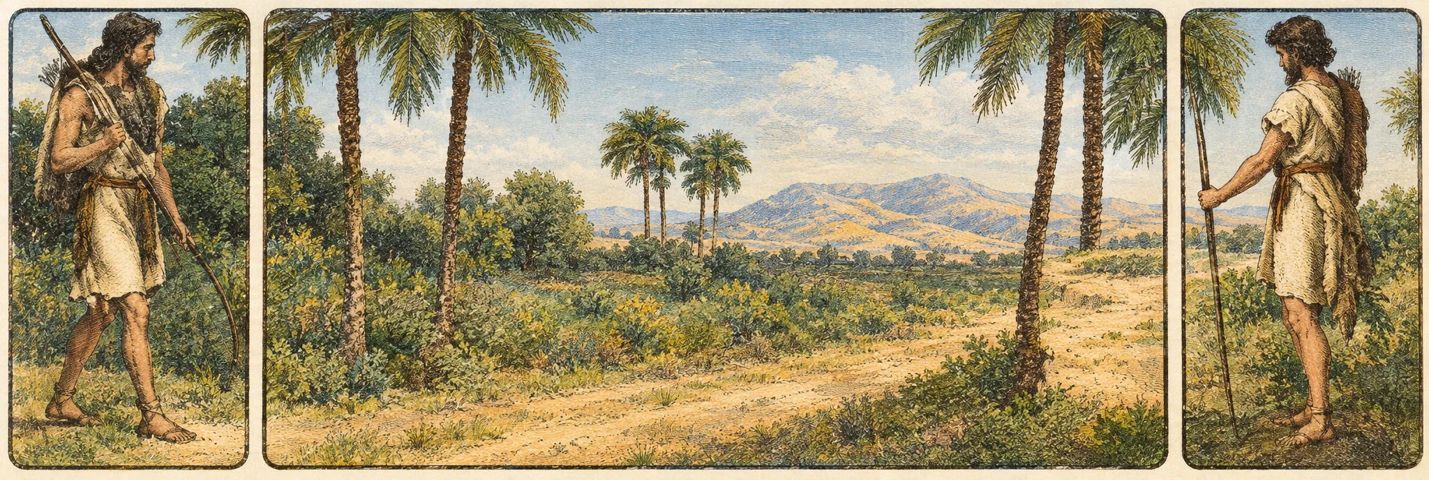 A wide pastoral landscape is framed by two narrow side panels showing a young man in simple ancient dress. In the left panel, he stands among trees with a long bow held diagonally across his body; in the right, he faces inward, holding the bow at his side. The central view opens onto a broad, gently rolling field, with scattered palms and other trees along the edges and distant low hills on the horizon. A small figure appears far off near the middle of the landscape, emphasizing the open space.