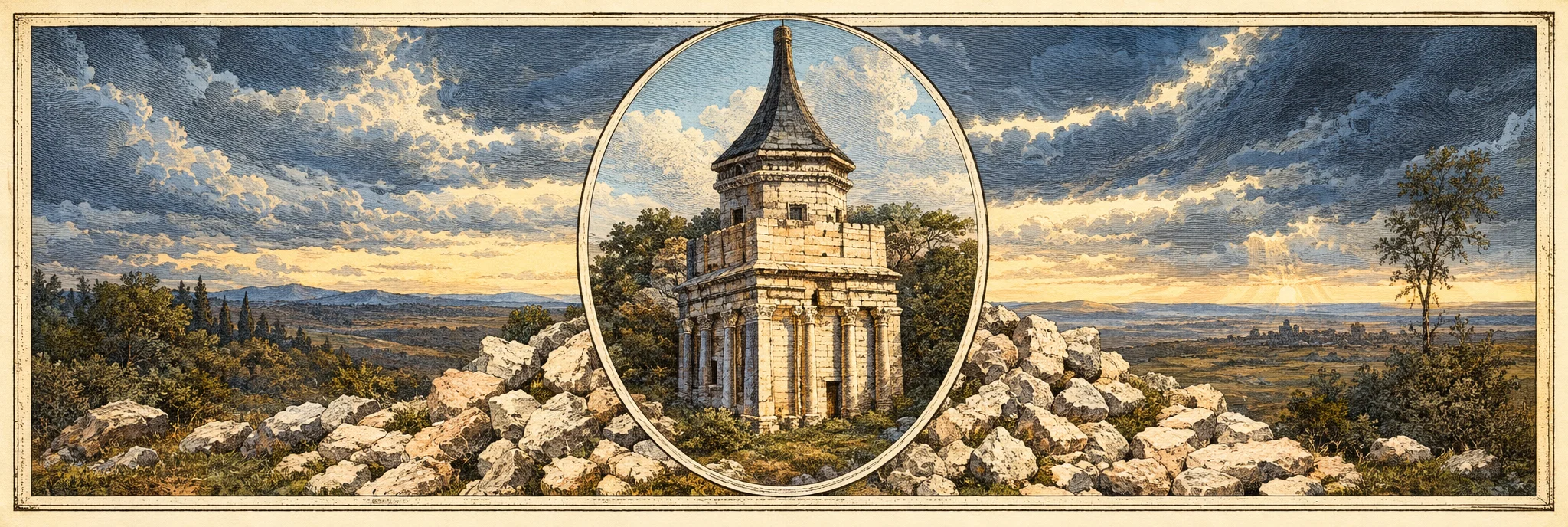 A small domed stone building with a tall pointed spire rises at the center of the scene, shown inside a large oval inset. Its rounded roof sits above a columned façade and dark openings. Around the inset, broken stones and rubble are scattered across the foreground, while a broad, bleak landscape stretches behind it beneath bands of heavy, clouded sky. A few thin, bare trees stand in the distance. No people, animals, or readable lettering are visible.