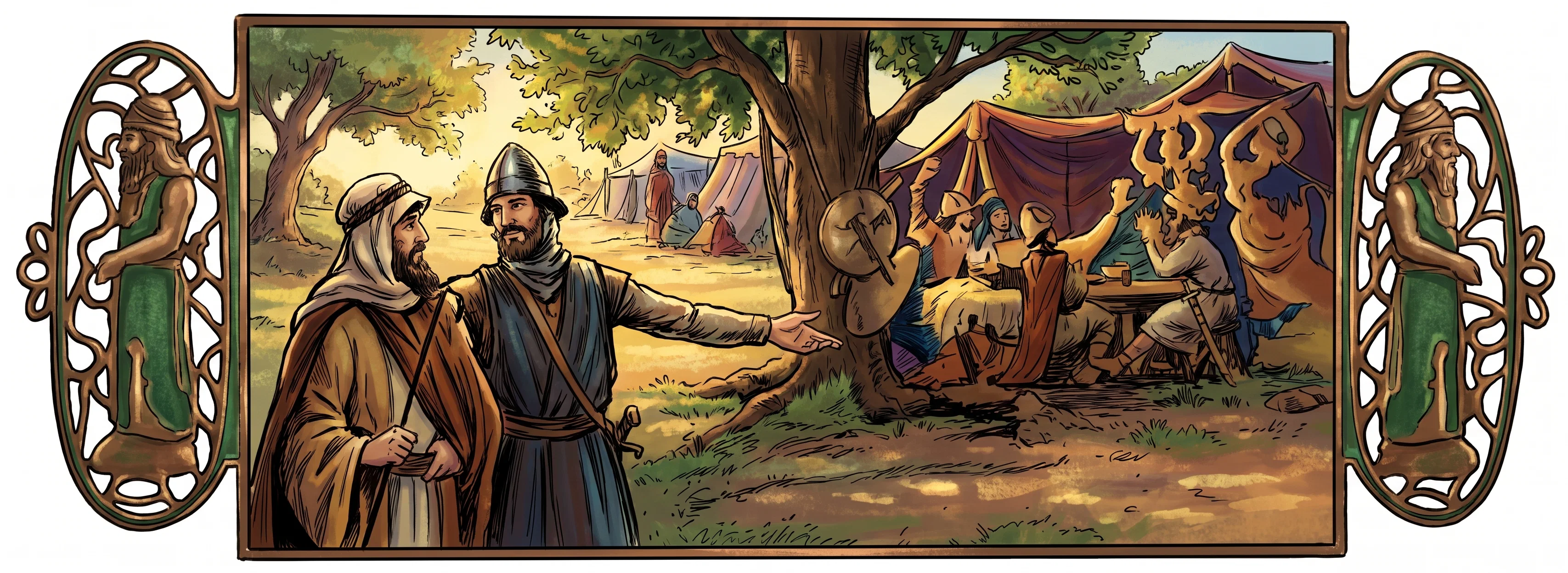 A narrow, framed scene shows several people gathered in a wooded landscape. At the left, a hooded, robed figure stands beside a second person wearing a pointed helmet or headpiece; the second figure stretches an arm toward the center of the scene. More figures appear on the right among dense trees and shadowy forms, including a prominent face-like shape. The ground opens into a pale clearing in the foreground, while foliage and trunks fill the background. Ornamental, curling forms flank the rectangular scene. No legible text appears within the artwork.