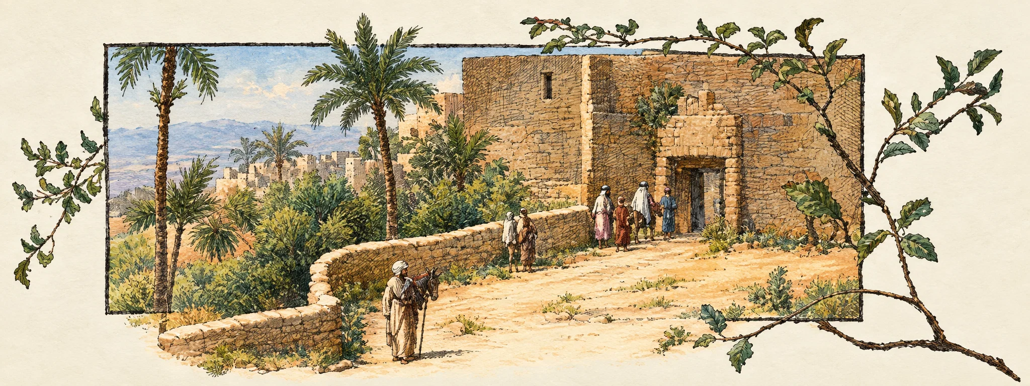 A young man stands in the foreground beside a low, winding wall or raised path, facing a distant walled settlement. Behind it, palm trees and dense vegetation rise against the buildings, while a tall arched entrance and a dark figure near the opening suggest a guarded town. A small pack animal and several people appear along the approach, evoking a caravan arriving at an Egyptian settlement. Branches with leaves frame the scene along the upper edge and both sides; no legible lettering is visible.
