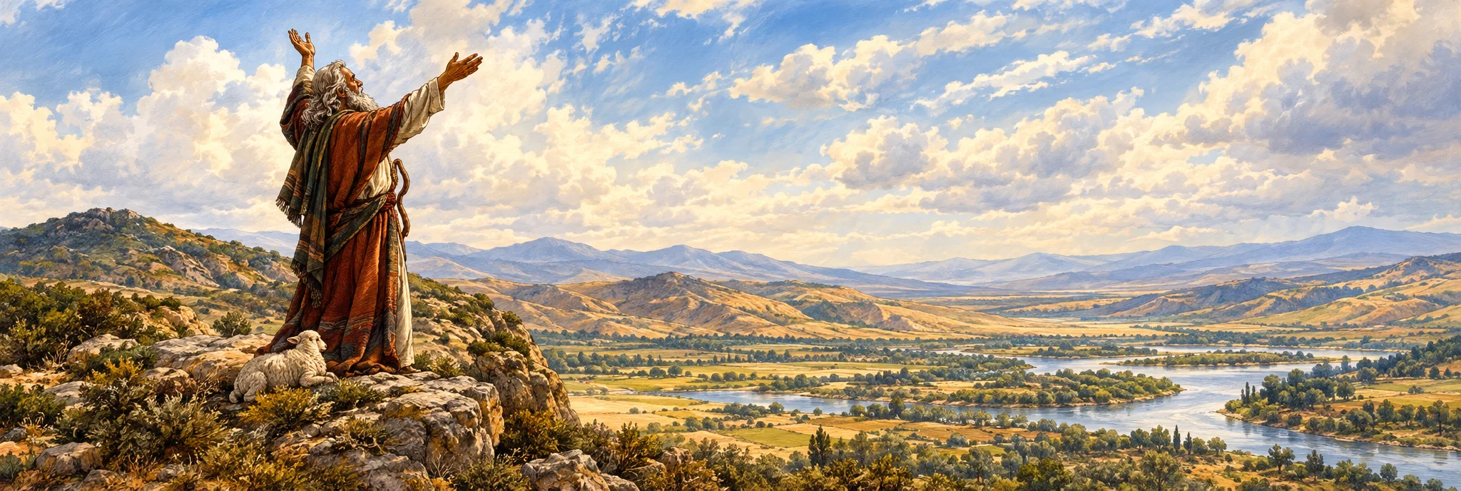 A solitary, bearded figure in a long robe stands on a rocky rise at the left of the scene, facing a broad, distant landscape. He raises one arm and extends the other toward the horizon, as if indicating the land below. A pale, curled form lies near his feet among the rocks. Low hills and uneven terrain stretch across the middle distance beneath a wide, cloud-filled sky, leaving much of the composition open around the figure.