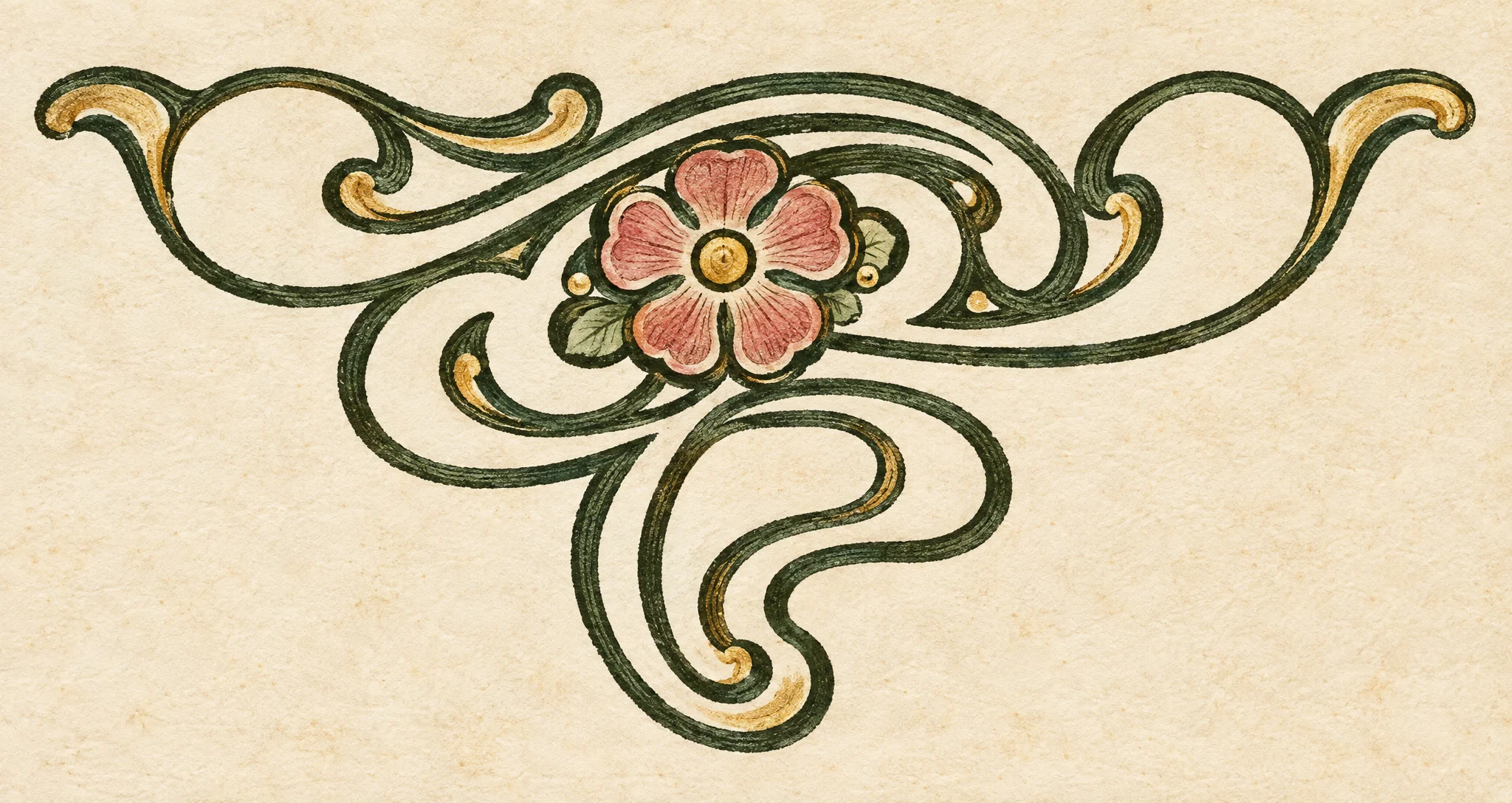 A small decorative flourish formed from flowing, symmetrical scrollwork. At the center is a rounded floral cluster with several circular and oval shapes, framed by curling leaves or tendrils. Long, slender curves sweep outward to both sides and loop around the flower, while a pair of interlocking, drooping curves extend below it. The ornament is rendered in dark, continuous outlines with open spaces inside; no people, animals, setting, or lettering are visible.