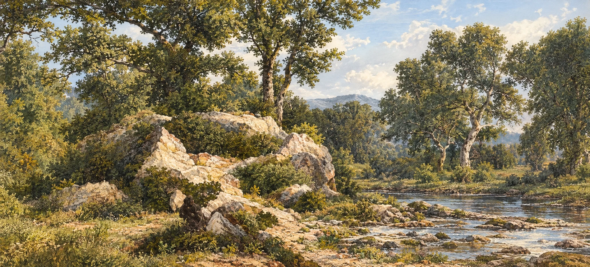A small, dark figure lies or crouches in the foreground beside a broad, shallow stretch of water, with a pale, irregular shape rising behind it that may be spray or a rocky bank. The water extends across the lower right, marked by horizontal ripples and reflections. Trees and dense foliage fill the background, including a large branching tree near the center and lighter, slender trunks at the right. The scene is rendered in soft, indistinct tones, with no readable text or clearly identifiable animals.