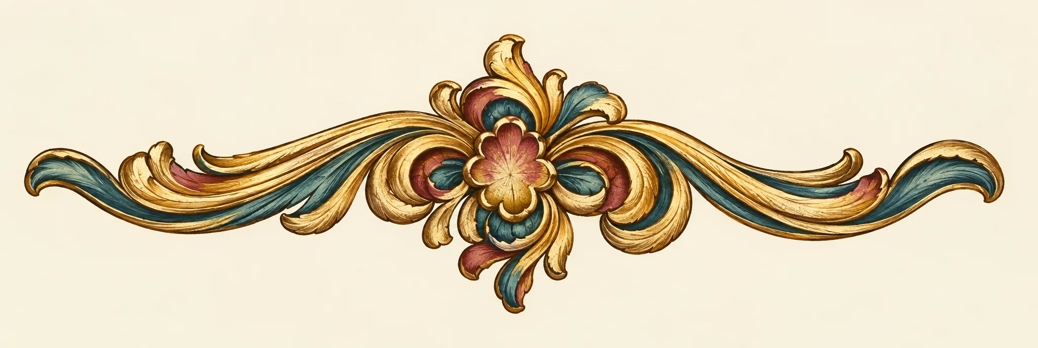 A small, symmetrical ornamental flourish appears against a plain light background. At the center is a stylized floral motif with a rounded blossom and layered, curling petals or leaves. Long, flowing scrolls extend outward on both sides, formed from parallel curved lines and ending in tapered, wave-like tips. The delicate design is outlined in dark ink, with no people, animals, setting, or text visible.