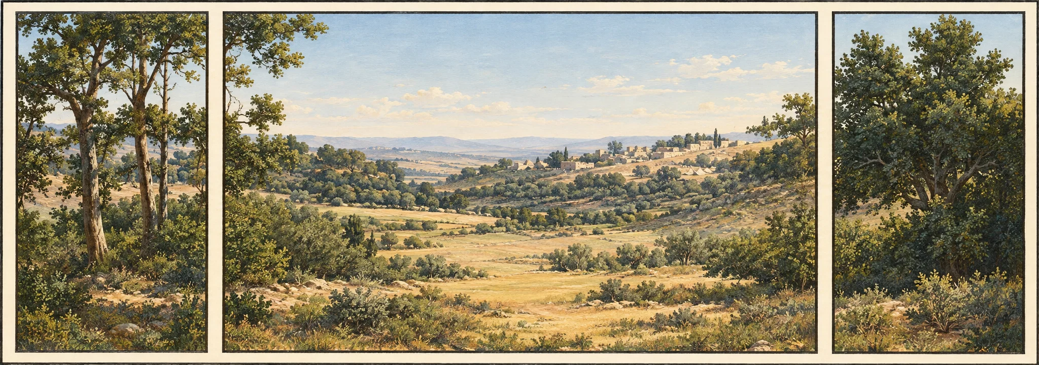 A broad, open landscape stretches across the center, with a low, uneven horizon and scattered trees and shrubs. The foreground is pale and sparsely vegetated, while darker bands of brush and grass cross the middle distance. Small figures and clustered forms near the horizon suggest a camp or settlement, with faint smoke-like shapes rising above it. Narrow wooded scenes frame the central view on both sides: tall, leafy trees stand in the left panel, and a dense, shadowed tree occupies the right. No lettering is visible within the image.