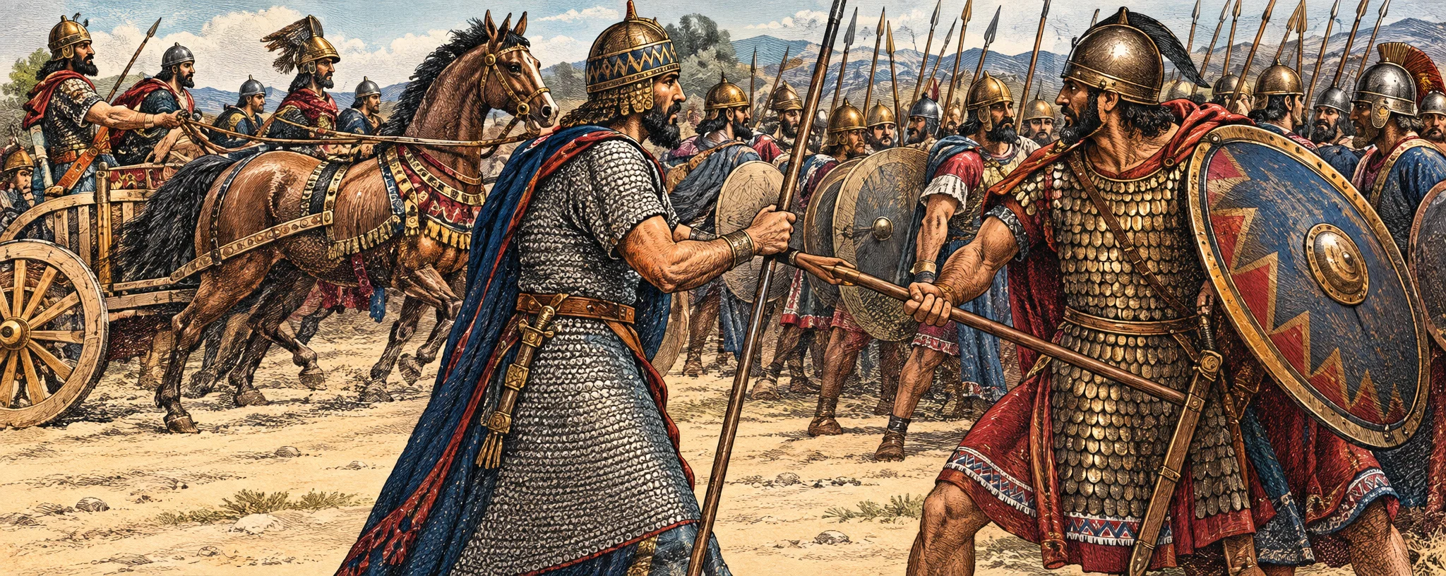 A monochrome scene of armed ancient warriors gathered in a crowded battlefield or encampment. In the foreground, two helmeted men in long garments and cloaks face one another: one raises an arm while the other grips a long spear or staff. A large round shield with a central boss fills the right edge, with another shield visible at the left. Behind them are overlapping figures, helmets, spears, and other weapons, while a horse and a partly visible chariot or cart appear in the background. The crowded composition emphasizes the contrast between the foreground warriors and the mass of troops and equipment behind them; no legible lettering appears within the image.