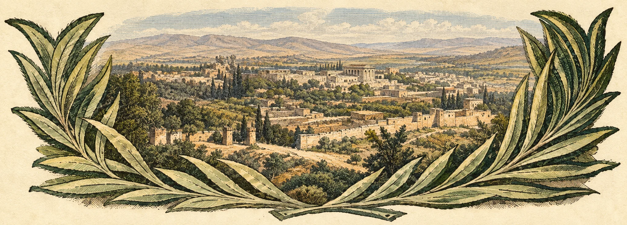 A broad, distant view of a densely built settlement spreads across the center, with clusters of low buildings and walls set among rolling, lightly wooded terrain. The scene is framed by large, finely drawn leafy branches that rise on both sides and curve along the lower edge like an ornamental wreath. The monochrome landscape contains no clearly visible people, animals, or readable lettering; the focus is the town and its surrounding countryside.
