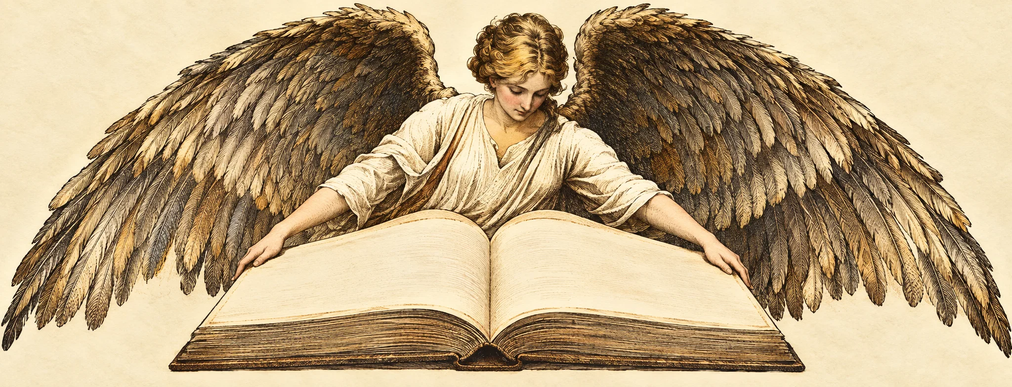 A large open book fills the lower part of the image, its pale pages spread wide above a dark, narrow base. Behind it, a winged human figure rises centrally, leaning forward with both arms extended over the pages as if presenting or guarding the book. The figure has a small, indistinct face and broad, dark feathered wings that sweep outward and downward on both sides, framing the open volume. The background is plain, with no visible setting or lettering.