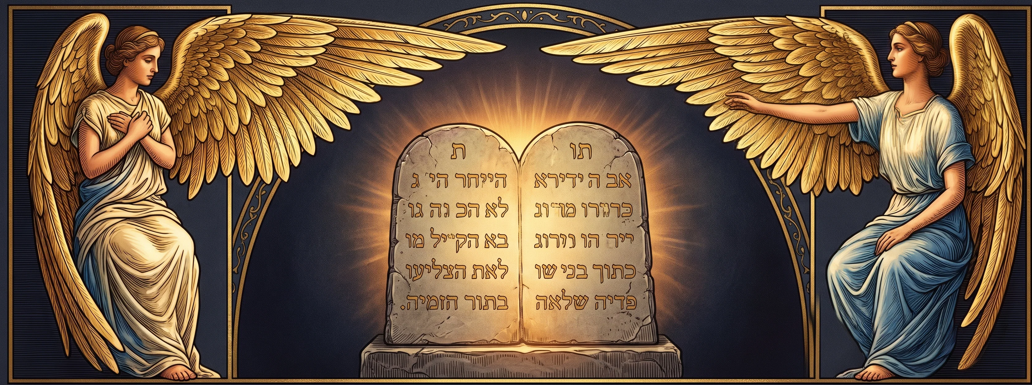 A large pair of outstretched, feathered wings arches across the image, sheltering a pale central space with faint, indistinct marks. At either side, a seated, draped human figure with wings faces inward toward the center; each holds one hand near the chest in a reverent or contemplative pose. Dark, roughly shaded areas behind the figures and beneath the wings frame the scene. The balanced, nearly symmetrical composition evokes the image of people being carried or protected beneath eagle-like wings.