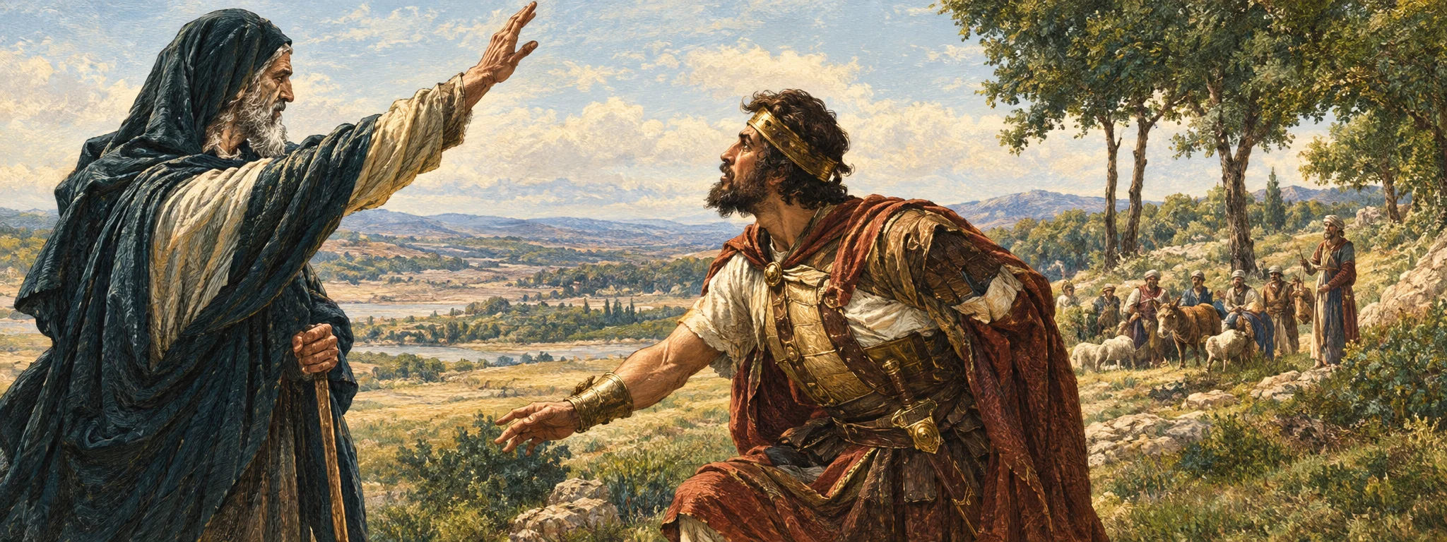 A long-haired, bearded man at the left raises one arm toward a second man kneeling or bending low in the foreground, whose head is bowed and one arm reaches toward the ground. The standing figure wears a flowing robe and appears to confront or address him. Behind them, several small figures and animals are visible across an open landscape, with low hills or a distant ridge and a cluster of trees at the right. The scene is rendered in dark, dramatic tones, with the two foreground men dominating the composition; no lettering is visible within the image.