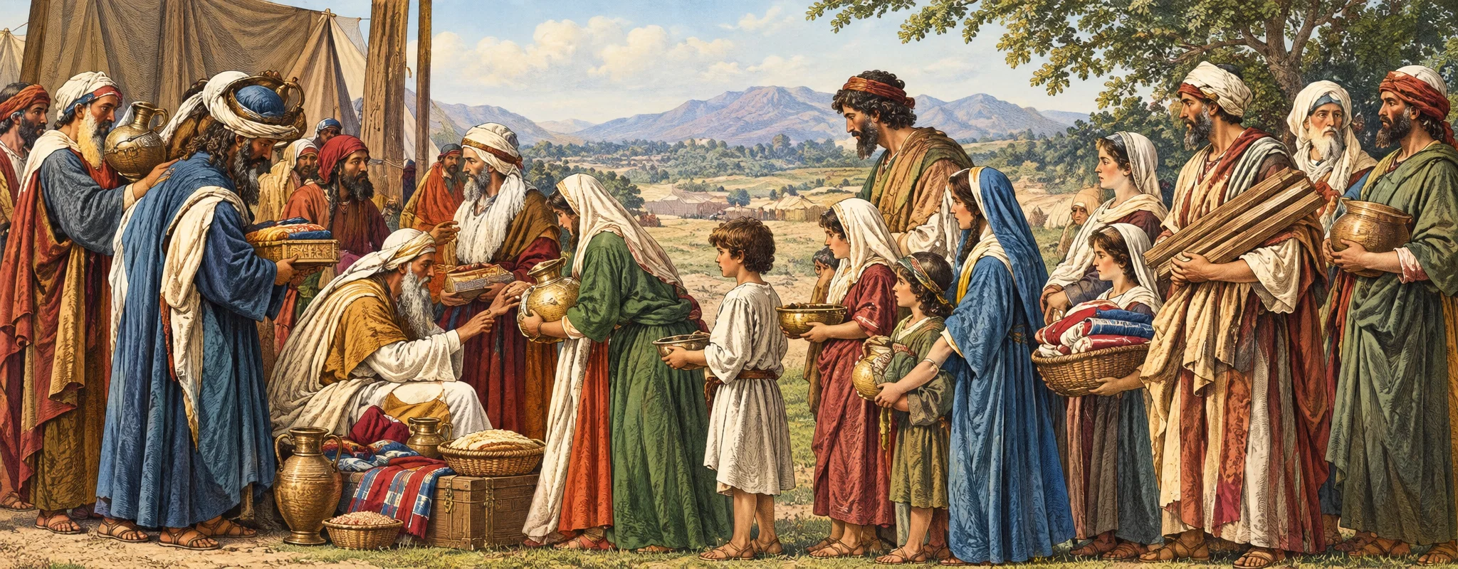 A group of people gathers around a low table or work surface in an outdoor setting. At the left, a seated figure in a head covering bends toward the table as another person leans over beside them; several figures stand close by, appearing to handle or examine objects on the surface. In the center, a man in a long robe gestures toward the activity, with a smaller figure beside him. On the right, more people watch in a cluster, including a seated or crouching child near the front. Trees and open landscape form the background; no lettering is visible.