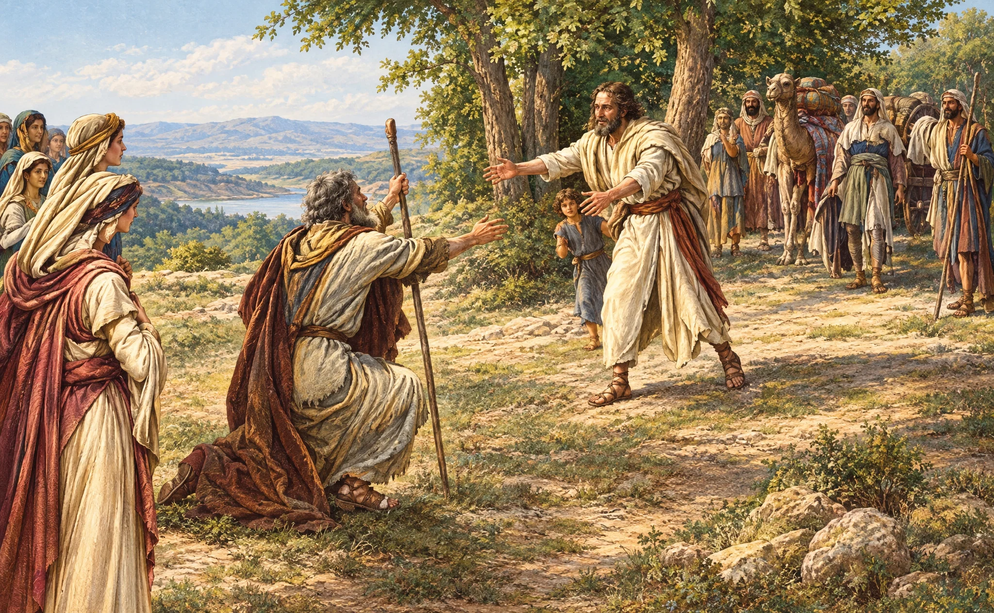JACOB MEETING ESAU
“At sight of that crippled sufferer, Esau ran to meet him, and embraced him, and fell on his neck, and kissed him; and they wept.”