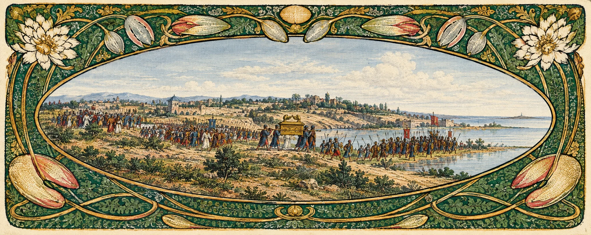 A long, hazy landscape is shown inside a large horizontal oval, with a low skyline of clustered buildings or structures stretching across the distance. Dark, uneven ground fills the foreground, and a broad, lighter strip or path angles toward the right side of the scene. The indistinct central forms suggest a settlement viewed from afar; no individual people, animals, or readable lettering are clearly visible. The oval is surrounded by an elaborate symmetrical border of curling vines, leaves, and large flowers, with a small decorative motif centered along the top and bottom.