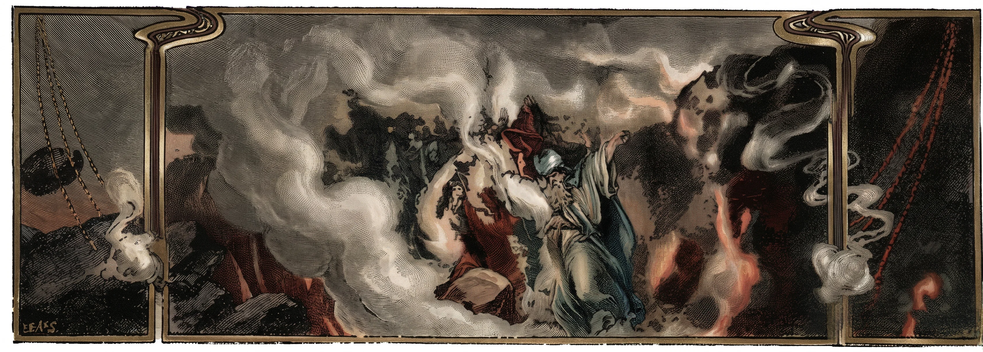 A dramatic biblical scene shows the Israelites’ rebellion against Moses and Aaron amid a wilderness encampment. In the foreground, a bearded man in a blue-green robe turns toward the commotion, while other figures in red and earth-toned garments gesture and gather nearby. Behind them, a crowd of people and tents stretches across the rocky landscape. Thick, curling clouds sweep through the scene, partly concealing a large, fiery-looking mass at the right and lending the gathering an ominous, supernatural atmosphere. The composition is enclosed by an ornate dark border; the artist’s small signature, “HEAS,” appears at the lower left.