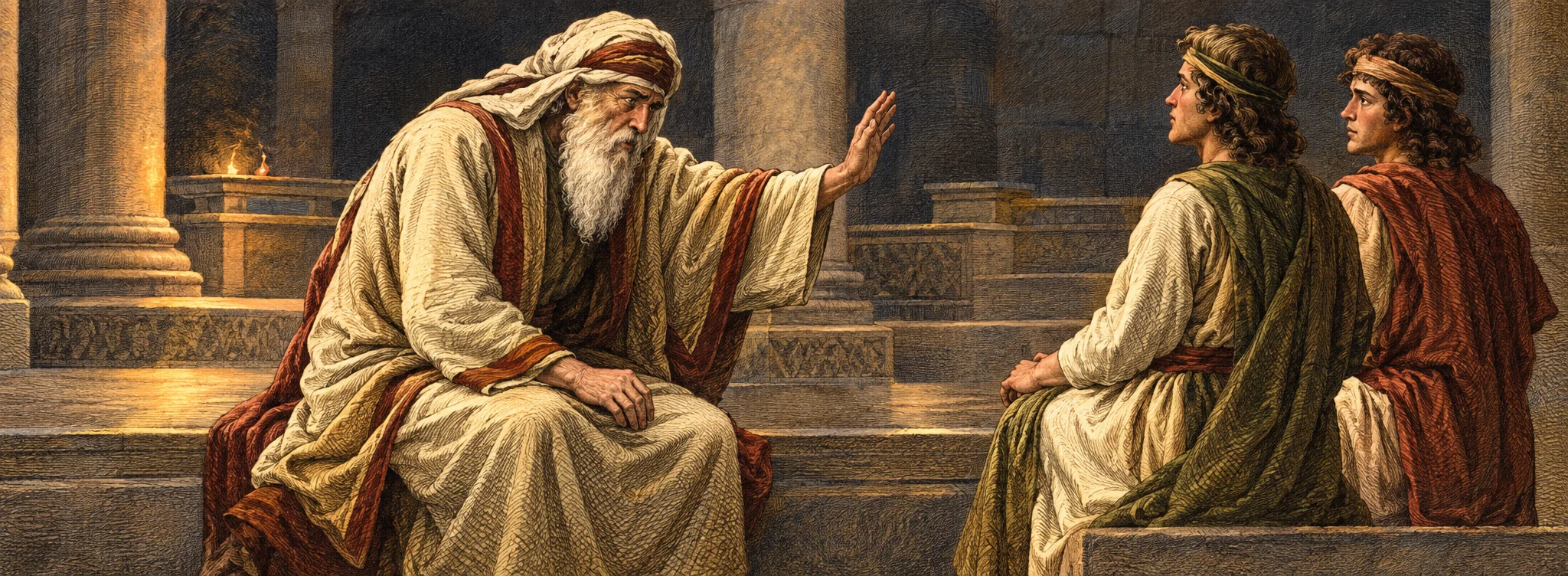 An older, bearded man in a long robe and head covering sits at the left, leaning forward and extending one arm toward two younger men standing at the right. The younger men face him in dark, flowing garments; one turns his head toward the seated figure while the other stands just behind him. They are gathered in a dim interior with broad stone steps or low platforms in the background and a large column near the center. The close grouping and the older man’s outstretched gesture suggest a tense exchange.