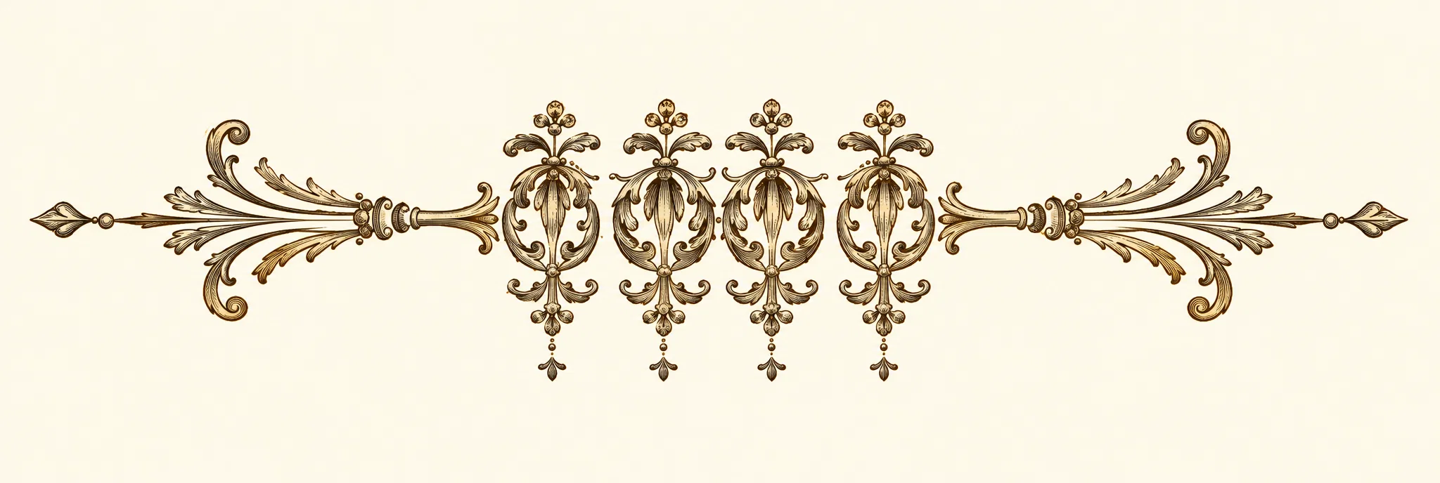 A narrow, symmetrical ornamental flourish stretches horizontally across the image. At its center is a compact cluster of small rounded floral or medallion-like forms, framed by curled leaves and scrollwork. Fine, tapering stems extend outward on both sides into long loops and pointed, feathery shapes, ending in small dots and curls. The design is evenly balanced around its midpoint, with no clearly readable lettering or recognizable figures.