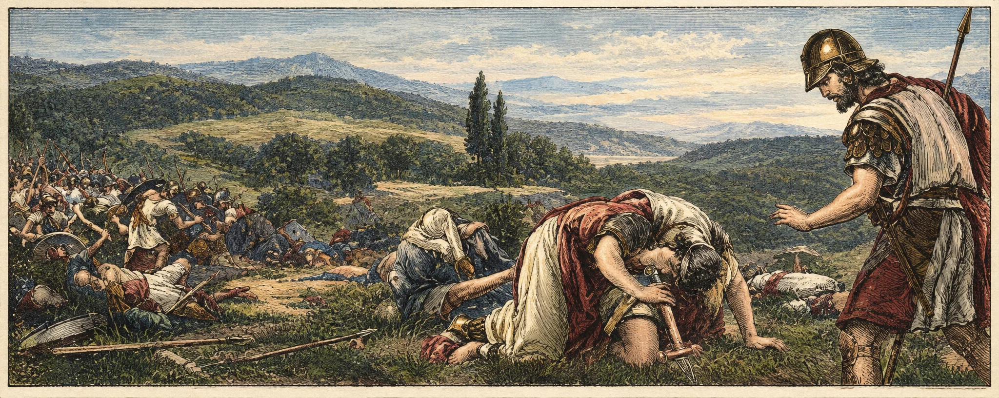 A dark, monochrome scene shows an ancient battlefield spread across a broad plain beneath distant hills and a cloudy sky. At the right, a large bearded man in a robe and head covering stands with a staff or spear behind him, extending one arm toward the fighting. In the foreground near center, a bent figure stoops over another person lying on the ground, while a further figure crouches behind them. A cluster of armed men and fallen bodies fills the left side, with scattered shields or weapons among them. The composition contrasts the prominent figures on the right with the crowded melee to the left; no lettering is visible.