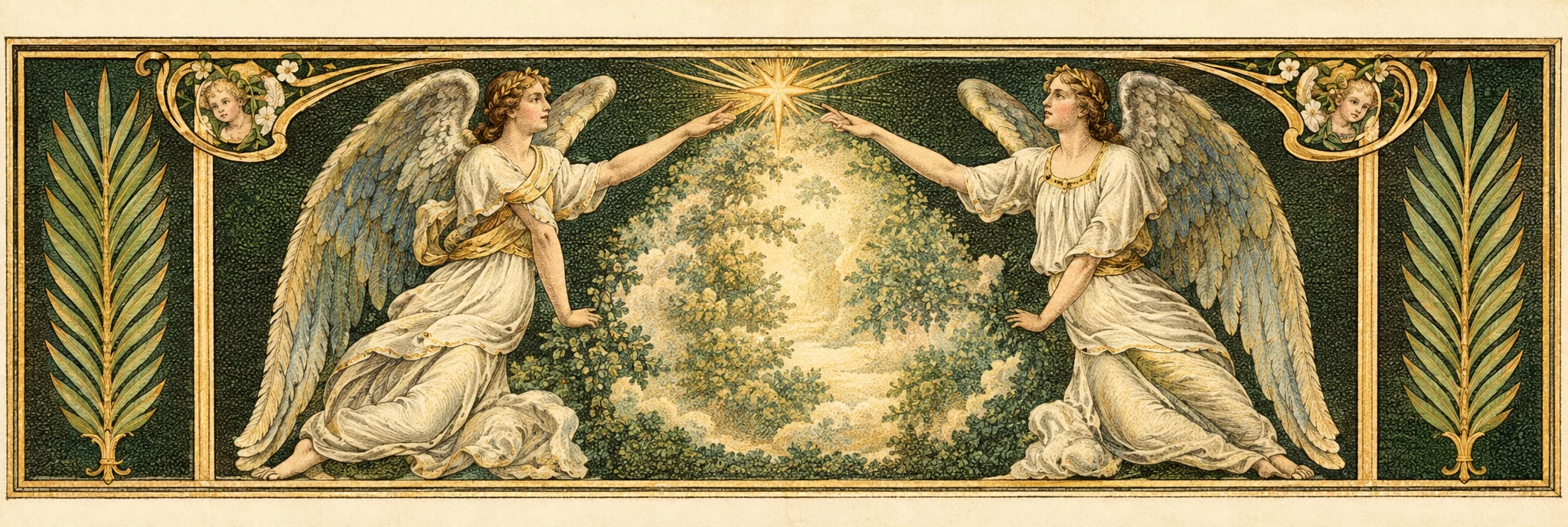 A narrow, symmetrical ornamental scene shows a large, cloudlike central form framed by two sweeping, wing-shaped masses. Small human figures appear near the upper left and upper right, each with arms raised or extended toward the center. Below them, the curved forms resemble rocky or leafy slopes, while the central area is softly shaded and indistinct. Tall palm fronds fill separate panels at the far left and right, bordered by slender vertical lines; curling floral motifs decorate the upper corners and top edge. No lettering is visible.