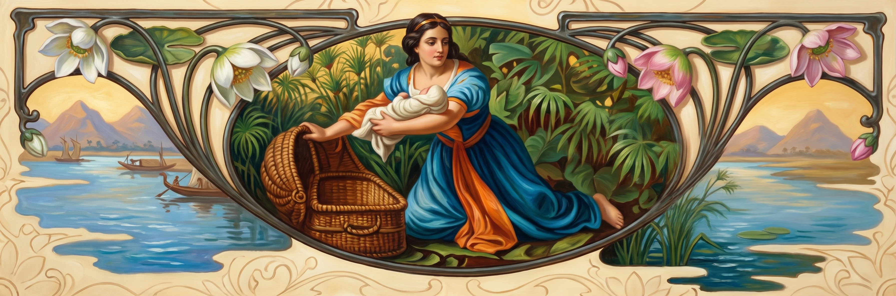 A wide, symmetrical ornamental illustration shows a reclining, draped figure at the center, surrounded by dense foliage and flowers. The figure rests within a deep, rounded bowl-like frame, with flowing garments and an arm extended toward a small rectangular object or ledge at the left. Curving stems rise on both sides into large blossoms, while the outer corners contain stylized hills, plants, and cloudlike forms. The image is rendered in dark, engraved lines, with no visible lettering.
