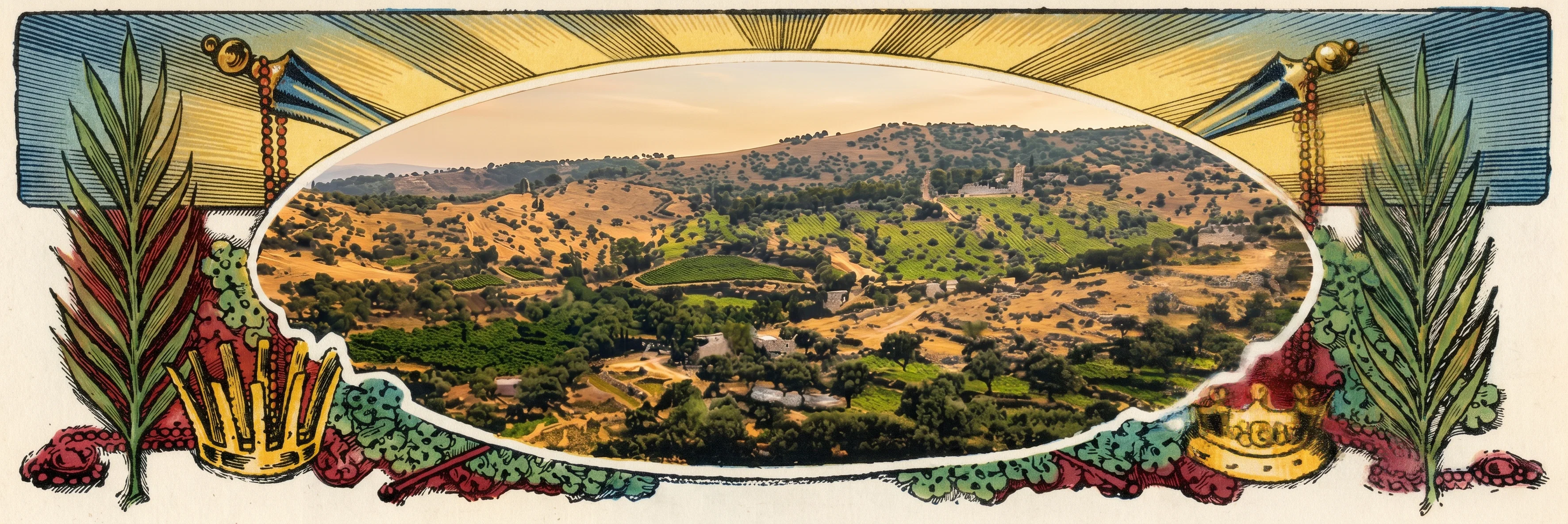 An ornate horizontal vignette frames a broad landscape of rolling, rugged hills and valleys, rendered with dense stippling and dark patches of vegetation or cultivated ground. The view sits inside a large elongated oval border, with patterned ornamental work beneath and curling decorative details at either end. Tall, feathery palm-like plants rise on both sides, and small finial-topped structures and striped drapery-like forms decorate the upper corners. No people, animals, or legible lettering are visible.