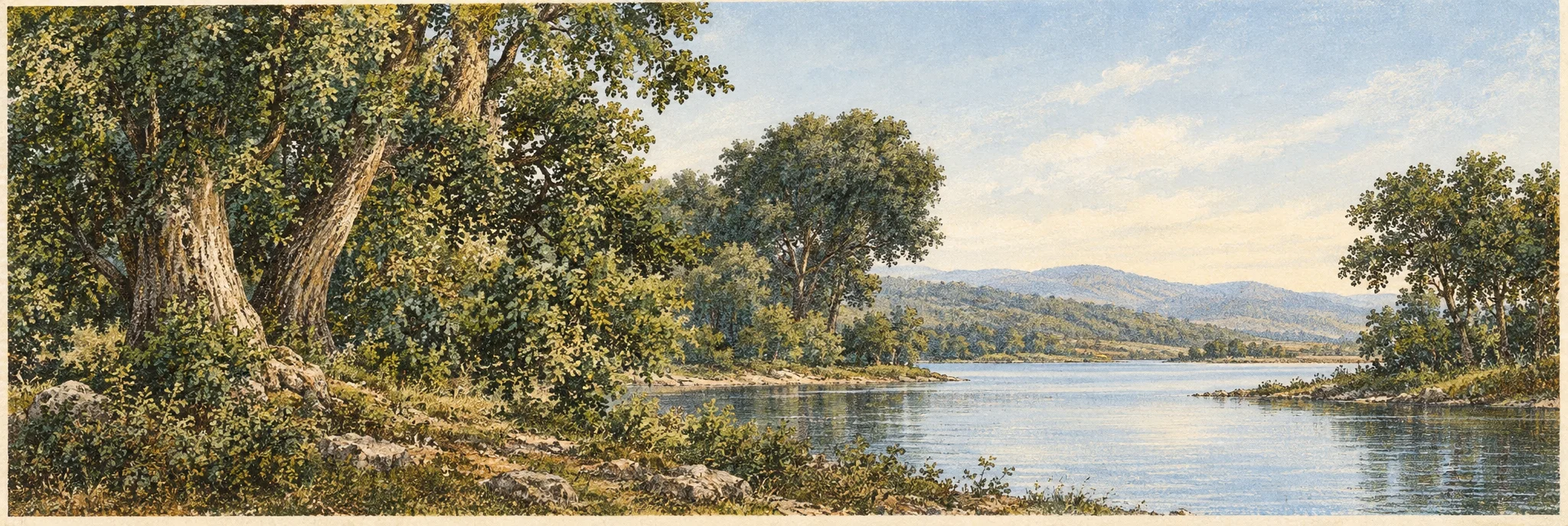 A quiet landscape of a broad body of water, likely the waters of Merom referenced in the surrounding text. The water stretches across the foreground and middle distance, with thin horizontal reflections and low banks along its edges. Dense trees and foliage frame the scene on the left, including a large foreground trunk and overhanging branches; a smaller cluster of trees stands at the far right. Beyond the water, a low wooded rise recedes into the distance beneath an open, pale sky. No people, animals, buildings, or lettering are visible.
