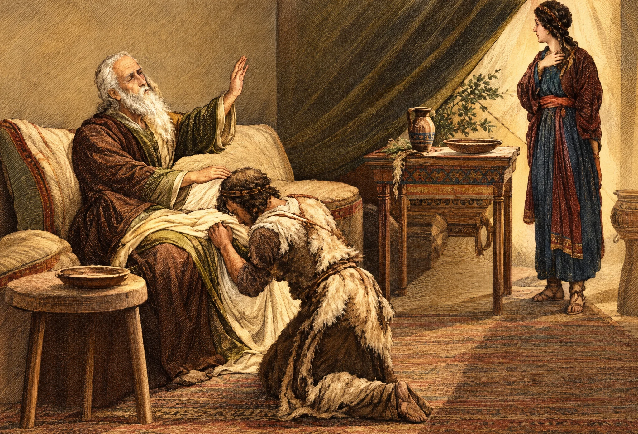 JACOB RECEIVING THE BLESSING

“Jacob and Rebekah succeeded in their purpose, but they gained only trouble and sorrow by their deception.”