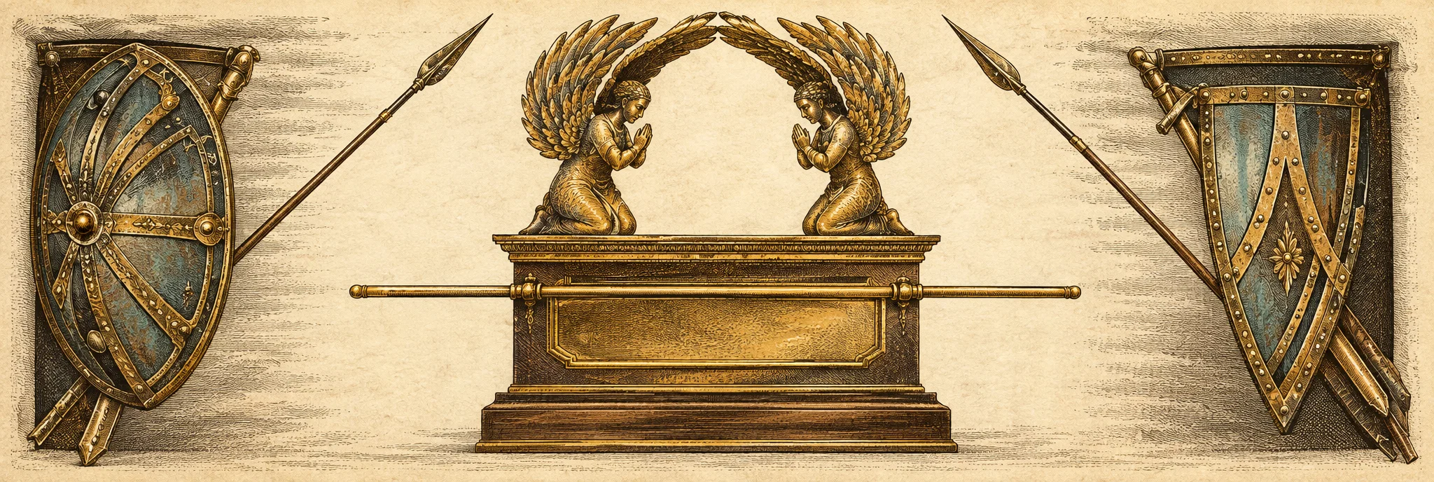 A narrow, symmetrical engraving centers on a rectangular chest or altar-like container with a lid and long carrying poles extending to either side. Two small winged figures face one another above it, their raised wings forming an arch overhead. The central object rests on a dark base, while large, elaborate shield-like forms and angled decorative elements fill the far left and right ends. Fine lines and ornamental framing run across the background; no clearly legible lettering appears within the image.