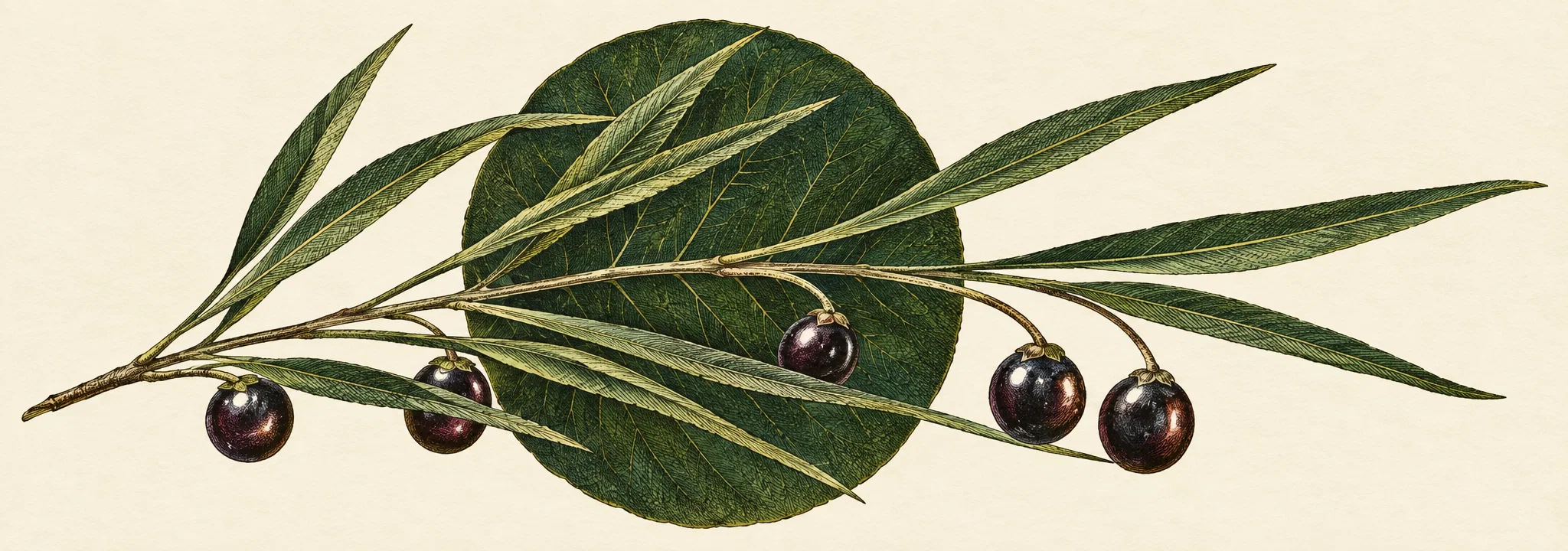 A monochrome botanical illustration shows a long, slender branch stretching horizontally across the image, bearing several narrow, pointed leaves and a large, round dark fruit near the center. Smaller round fruits hang from the branch near both ends, with a few additional leaves rising and angling outward. Pale, scratch-like lines and highlights define the fruit and foliage against the dark silhouette. The arrangement is isolated on a plain, light background, with no visible lettering or other objects.