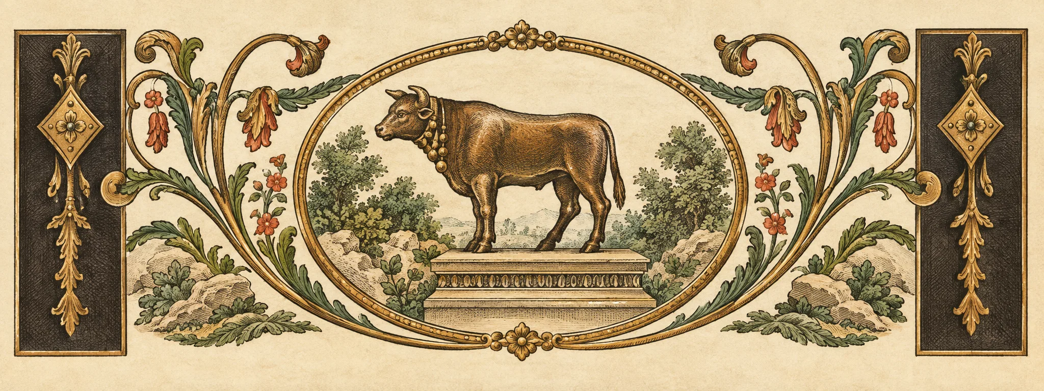 A horned bovine figure stands in profile facing left on a low stepped platform at the center of an oval scene. Small indistinct forms and patches of foliage or landscape surround it within the oval. Elaborate curling vines and symmetrical scrollwork frame the scene, sweeping outward toward dark rectangular panels at either side, each containing pale decorative shapes. The composition is centered on the animal, which is elevated prominently above the surrounding ground.