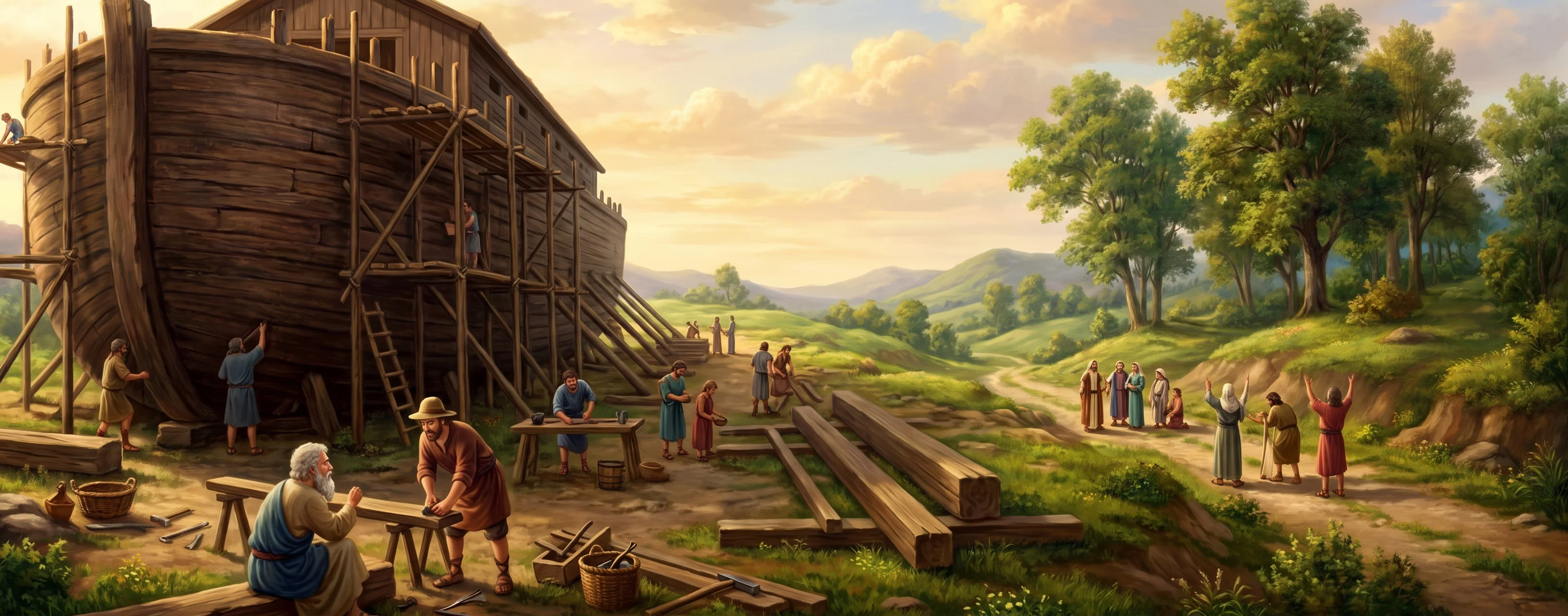 A broad landscape shows a huge wooden vessel under construction, its tall curved side filling the left of the scene. Closely spaced ribs and long bands run along the hull, with upright supports and scaffolding visible beside it. Several small figures stand and work near the base, while long logs or beams extend diagonally across the open ground toward the right. More workers appear farther away, with low hills and a cloudy sky in the background. The scale of the vessel dwarfs the people around it.