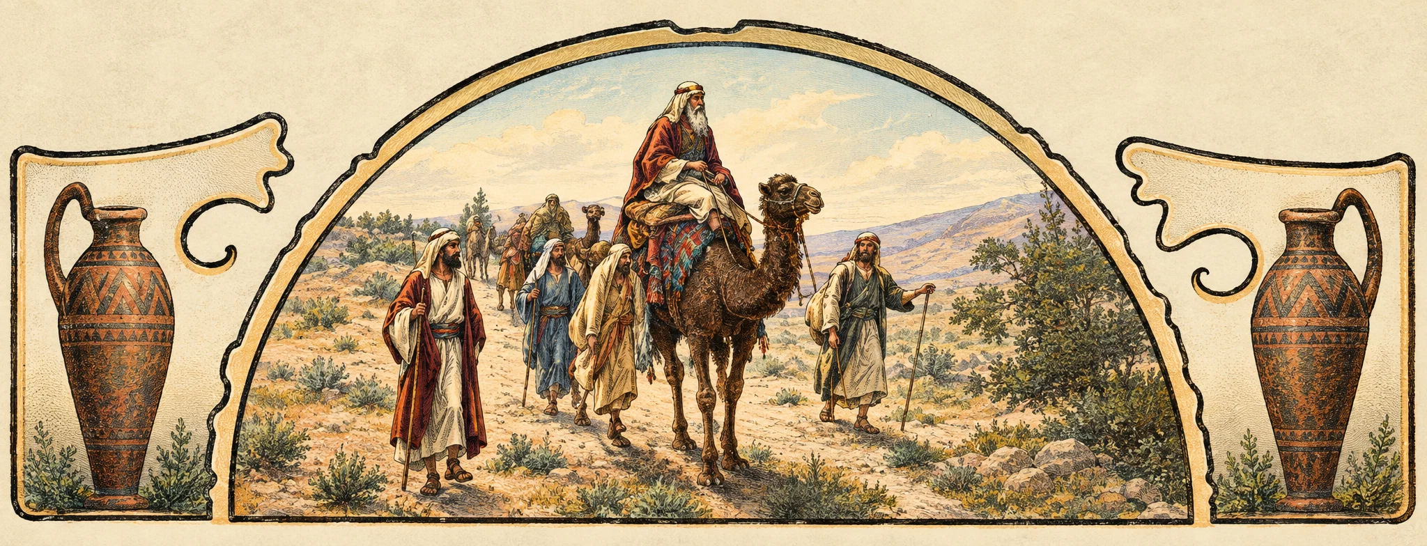 A monochrome scene shows a small group traveling through a sparse, rocky landscape beneath a broad rounded arch. At the center, a robed man sits atop a camel, accompanied by several figures on foot; one person at the right appears to gesture toward the way ahead. Low shrubs and uneven ground dot the background. Large handled vessels stand at the far left and right, framed by decorative scroll-like outlines that extend inward toward the arch. The composition presents the travelers as they move across the open terrain.