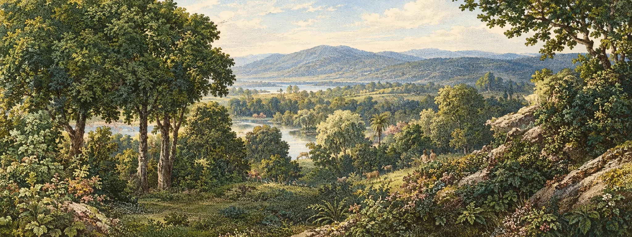 A broad, tranquil landscape stretches across the scene, with a low rolling horizon beneath a pale sky. Dense trees frame the view on both sides, especially a large leafy tree at the left and darker foliage at the right. In the middle distance, several small, pale animal forms—possibly grazing livestock—are scattered across open ground. A sloping, uneven foreground with shrubs and vegetation leads toward the central plain. No people, structures, or lettering are visible.