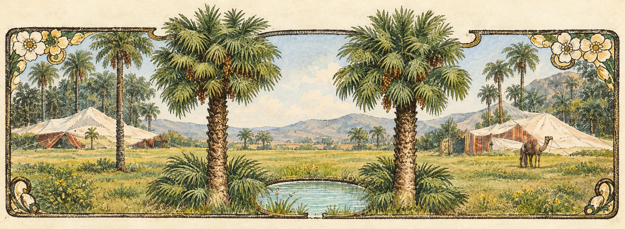A wide, decorative landscape scene framed by an ornate border with floral motifs and curled corner ornaments. Two tall palm trees dominate the foreground, their spreading fronds reaching across the upper part of the image. Beyond them lies an open, gently rolling plain bordered by darker trees, with several low tent-like shelters scattered across the ground. A small figure appears to the right beside a dark animal, possibly a donkey or horse. A shallow oval pool or clearing sits near the bottom center, with small marks suggesting vegetation or stones. No lettering is visible.