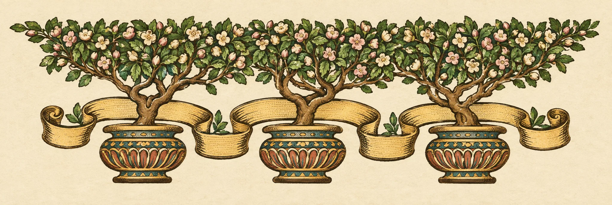 A decorative line drawing of three small potted trees arranged in a row. Each tree has a slender, branching trunk and a broad canopy densely covered with small leaves and blossoms. The canopies overlap into a continuous, low band of foliage across the upper part of the image. Below, the trunks curve into rounded, patterned pots, with long, ribbon-like horizontal forms extending between and around the pots. No people, animals, or lettering are visible.